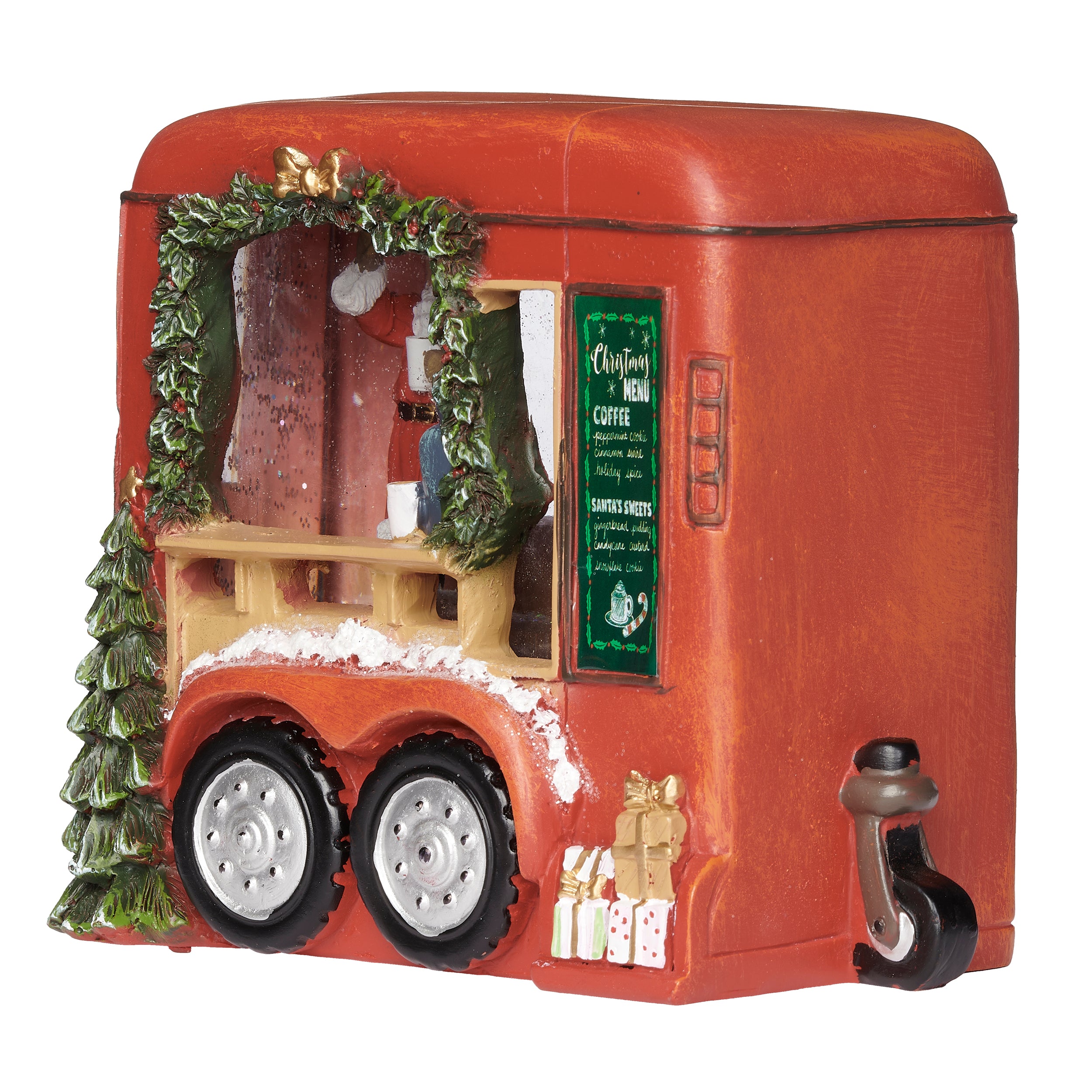 Decorative Christmas truck with wreath, stockings, and presents on a white background