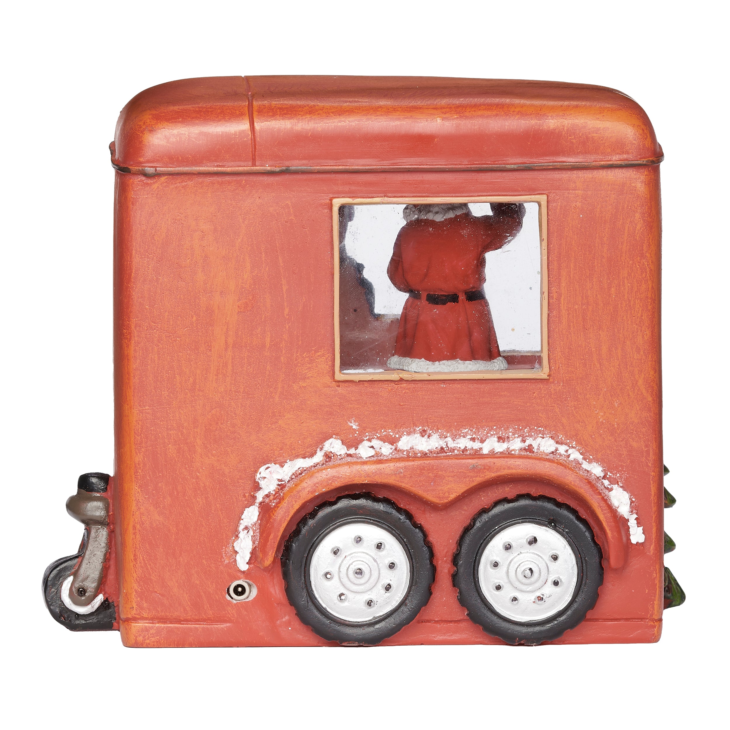 Vintage-style toy truck with a Santa Claus figure inside on a white background