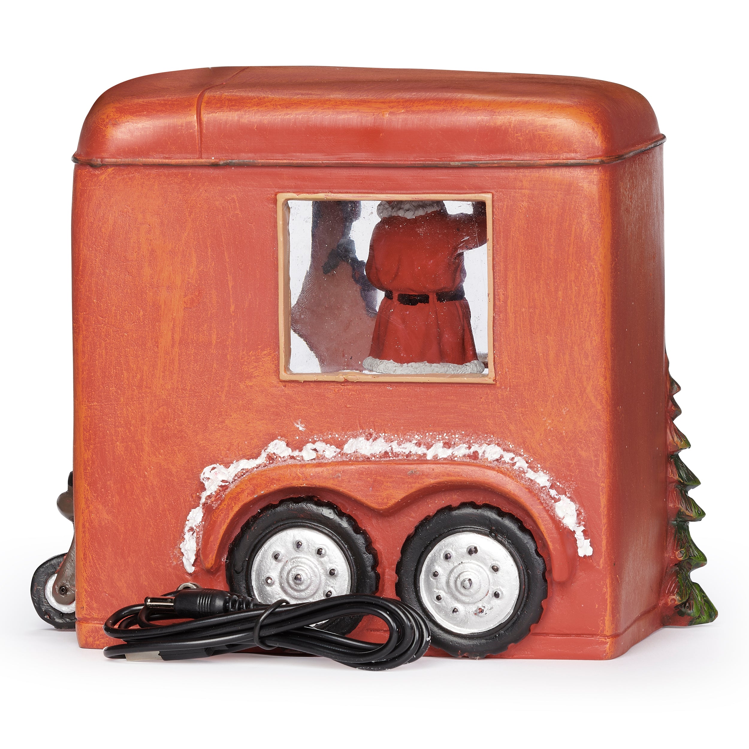 Vintage-style toy truck with a Santa Claus figure inside on a white background