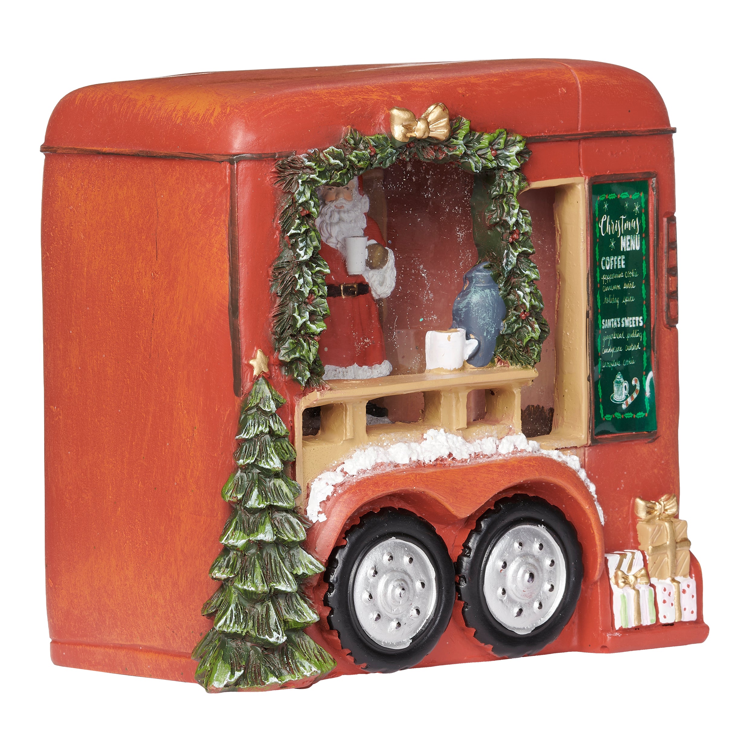 Decorative Christmas truck with Santa Claus, wreath, and Christmas tree on a white background