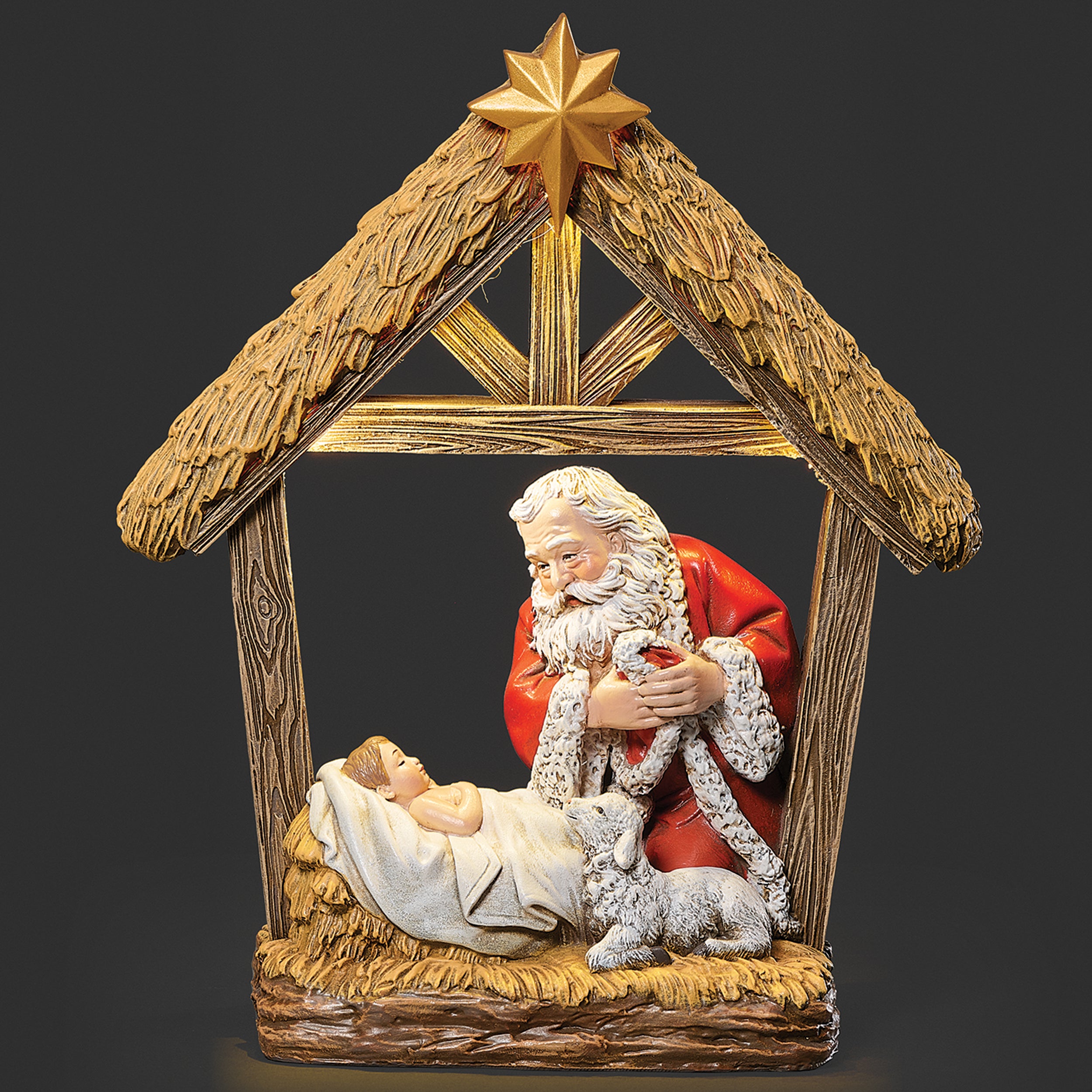 Lighted Kneeling Santa with Stable Figure