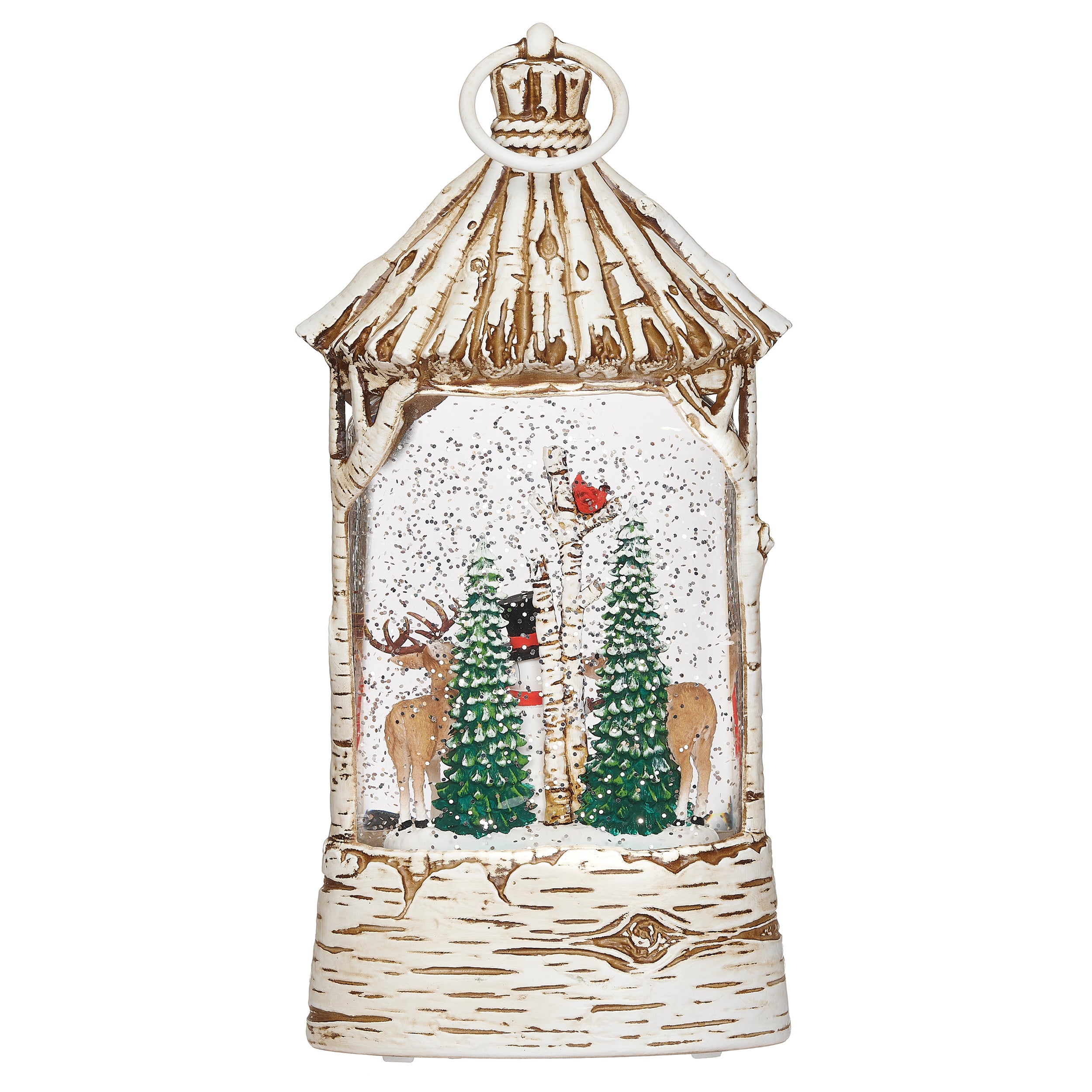 Lighted Swirl Birch-Look Lantern with Snowman and Deer Scene - Confetti Lites