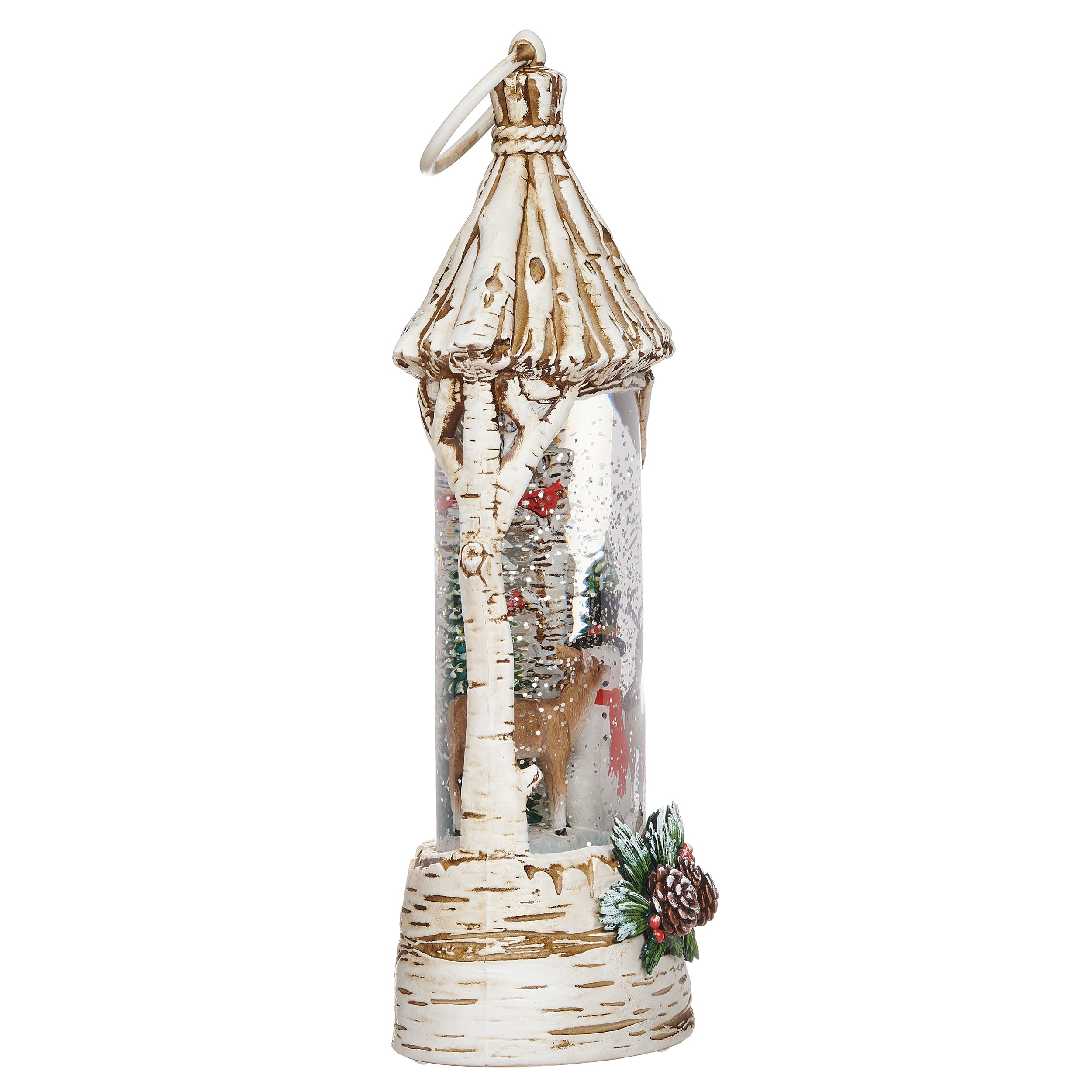 Lighted Swirl Birch-Look Lantern with Snowman and Deer Scene - Confetti Lites