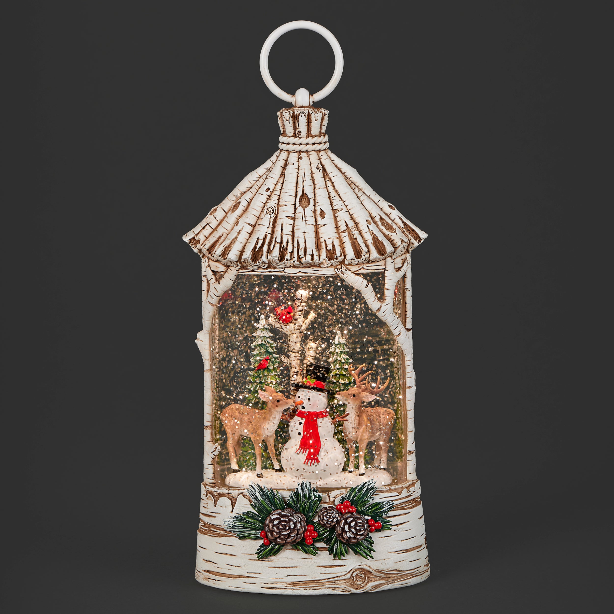 Lighted Swirl Birch-Look Lantern with Snowman and Deer Scene - Confetti Lites