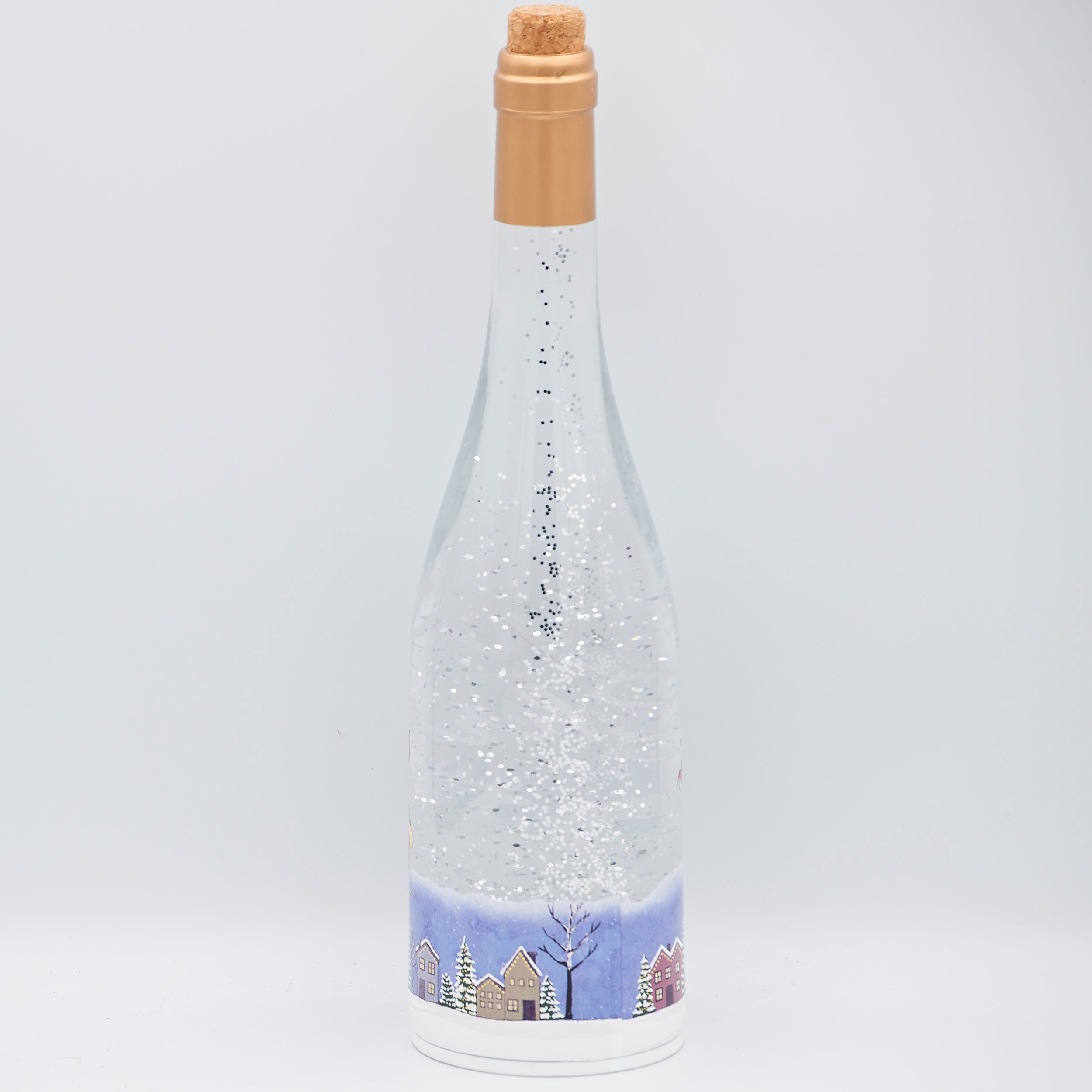 Confetti Lites Lighted Swirl Wine Bottle with Santa Flying Over Town
