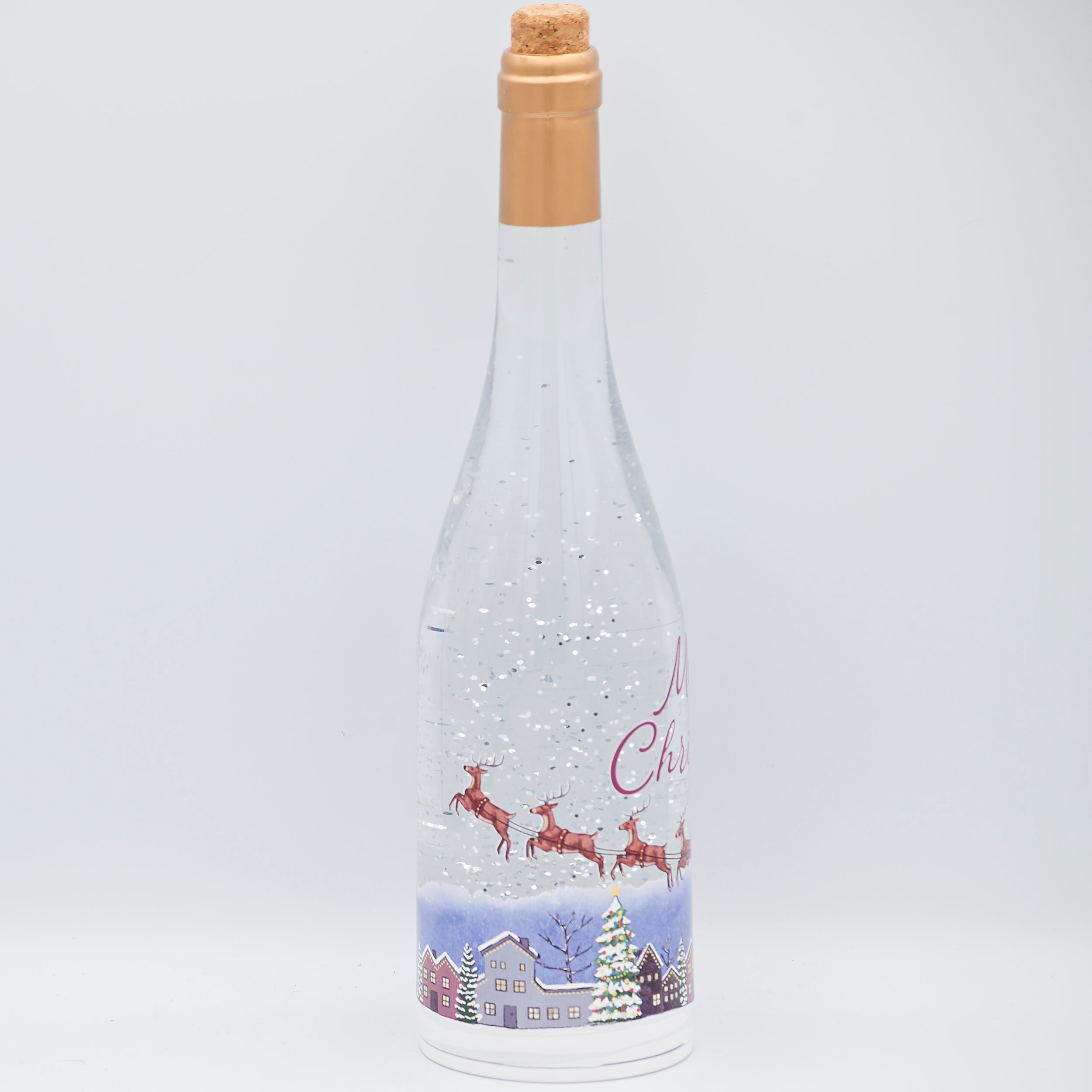 Confetti Lites Lighted Swirl Wine Bottle with Santa Flying Over Town