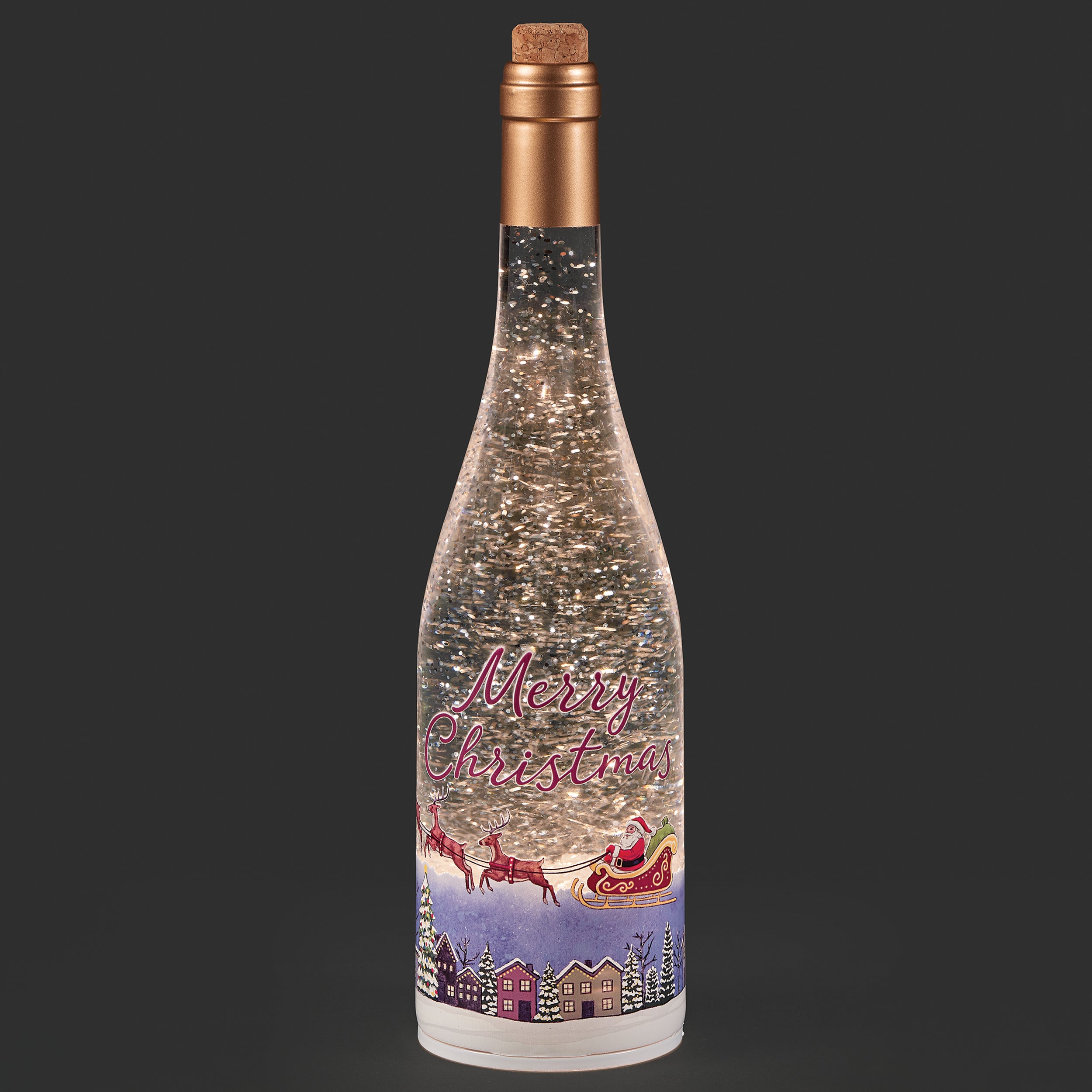 Confetti Lites Lighted Swirl Wine Bottle with Santa Flying Over Town