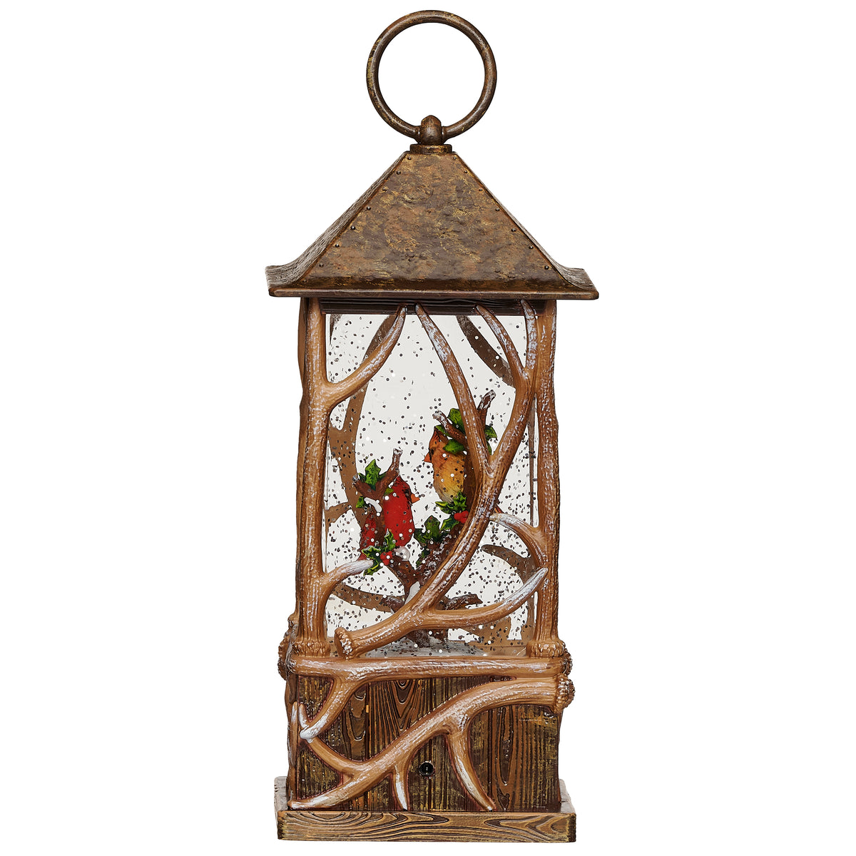Cardinal antler lantern showing red birds among branches inside a brown frame with antler accents.