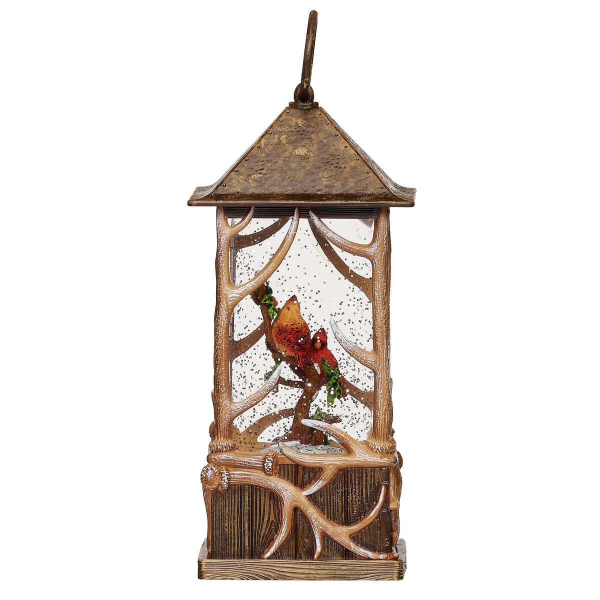 Side view of cardinal antler lantern showing red birds through a narrow clear panel beneath the peaked roof.