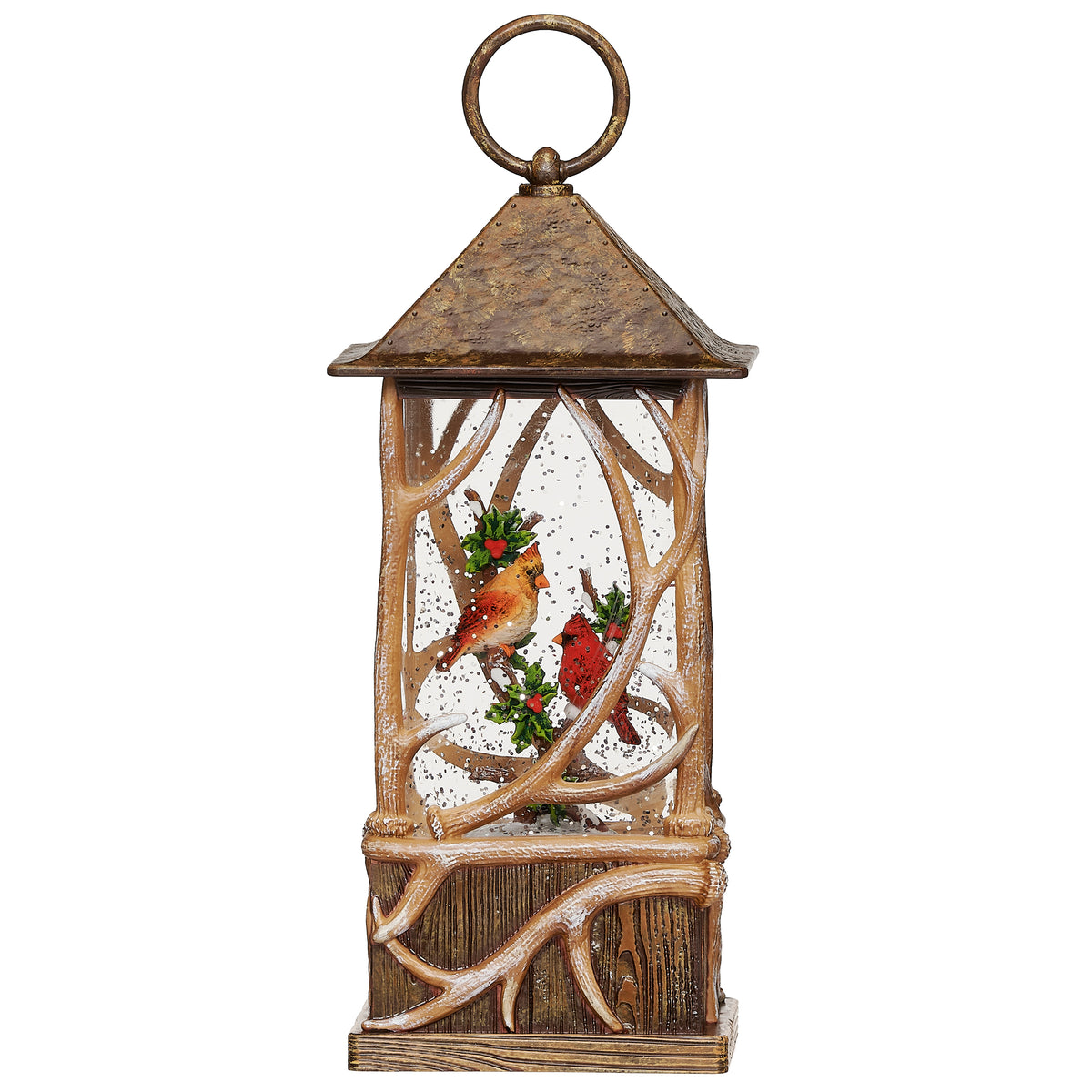 Front view of cardinal lantern with red birds, branching antler trim, and a round handle above the brown roof.