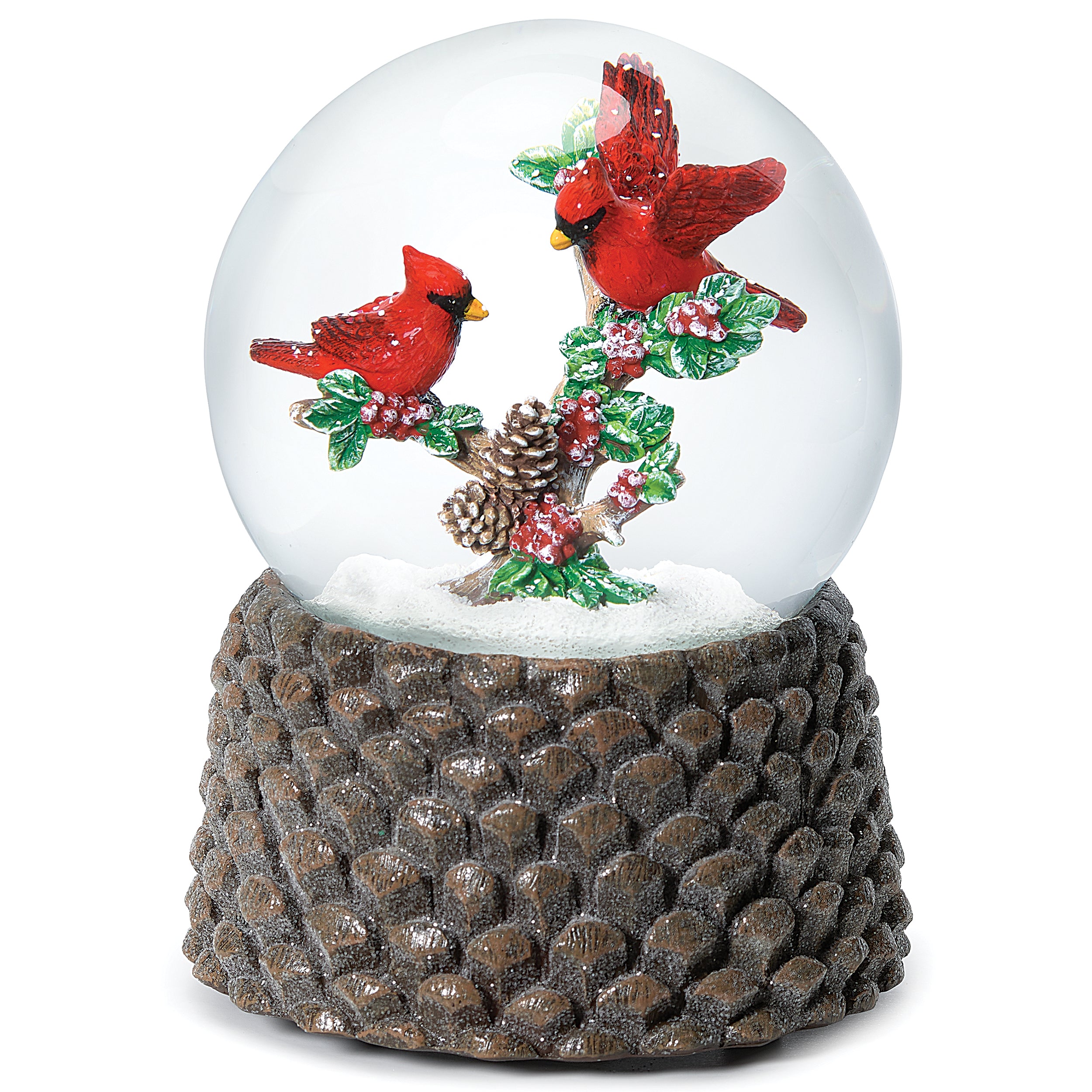 Glitterdome Musical Cardinals on a Branch with Pinecone Base- "We Wish You a Merry Christmas" Tune