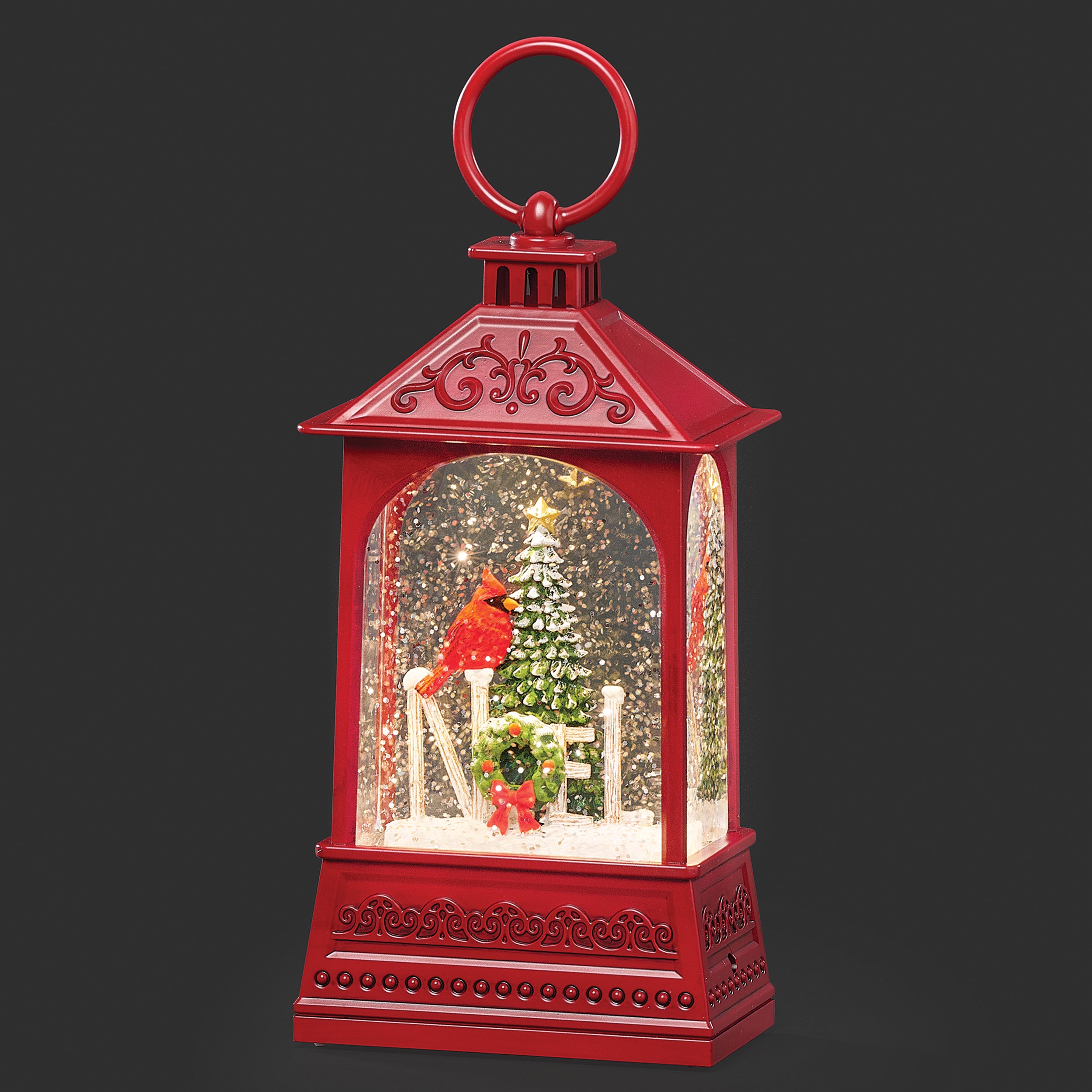 Confetti Lites Lighted Swirl Red Lantern with Cardinal Noel Scene
