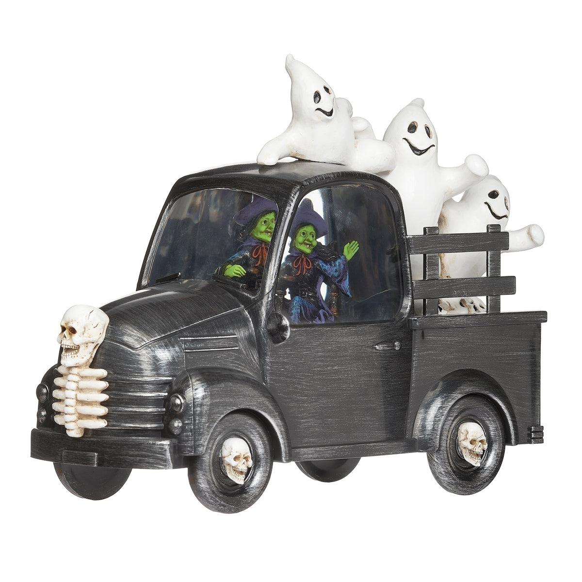 Front angled view of Halloween truck showing its skull-topped grille, rounded hood, and white ghosts behind the cab.