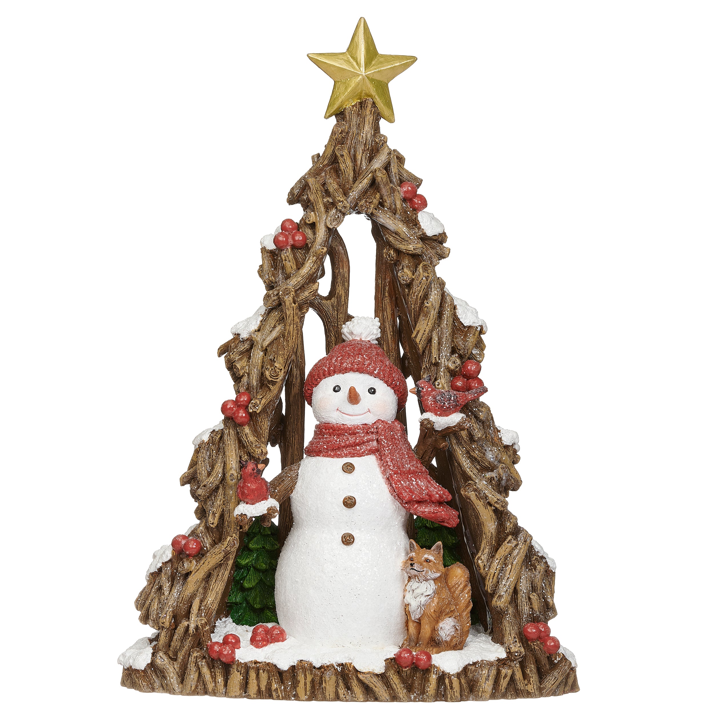 Lighted Snowman & Fox Carved Tree