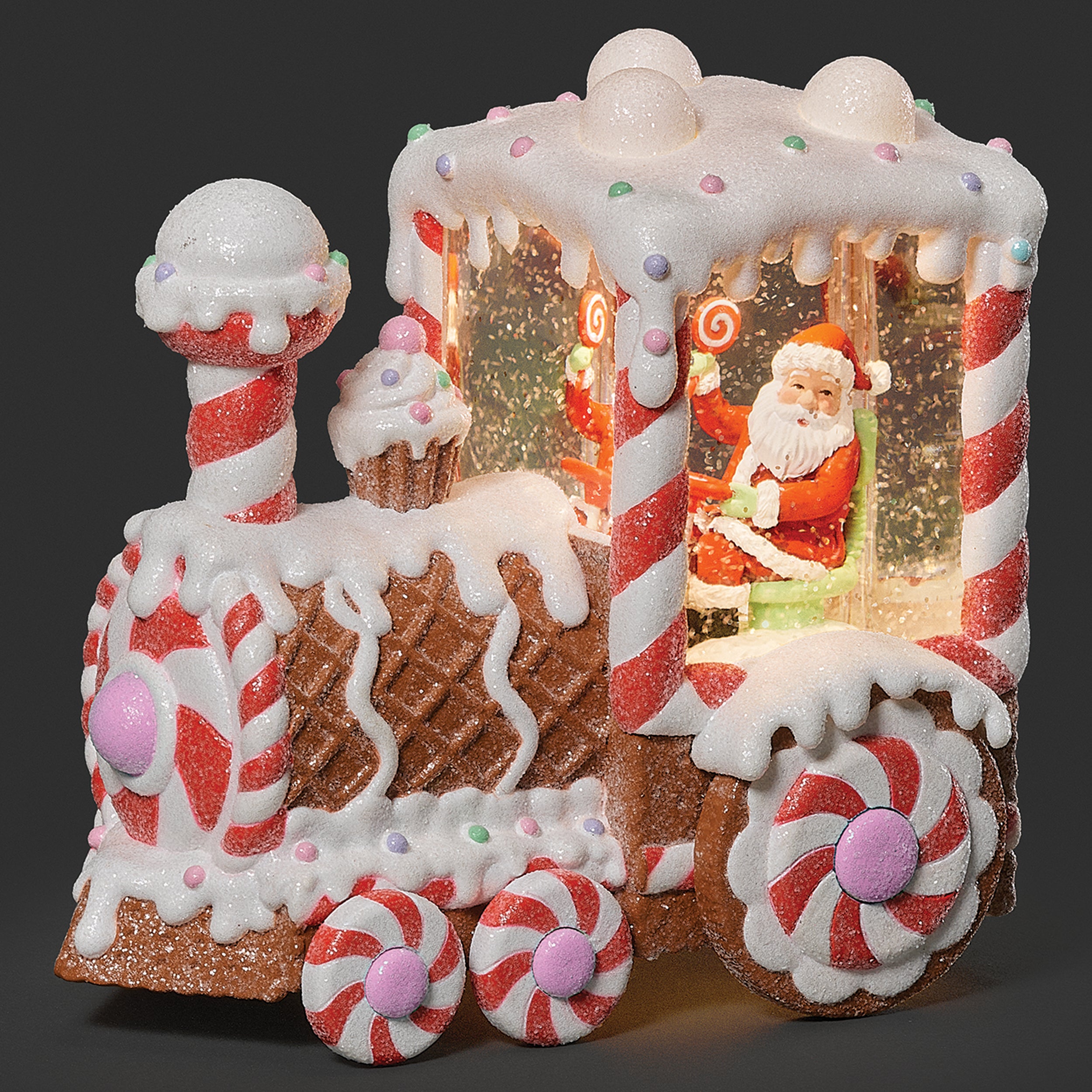 Lighted Swirl Gingerbread & Peppermint Train with Santa