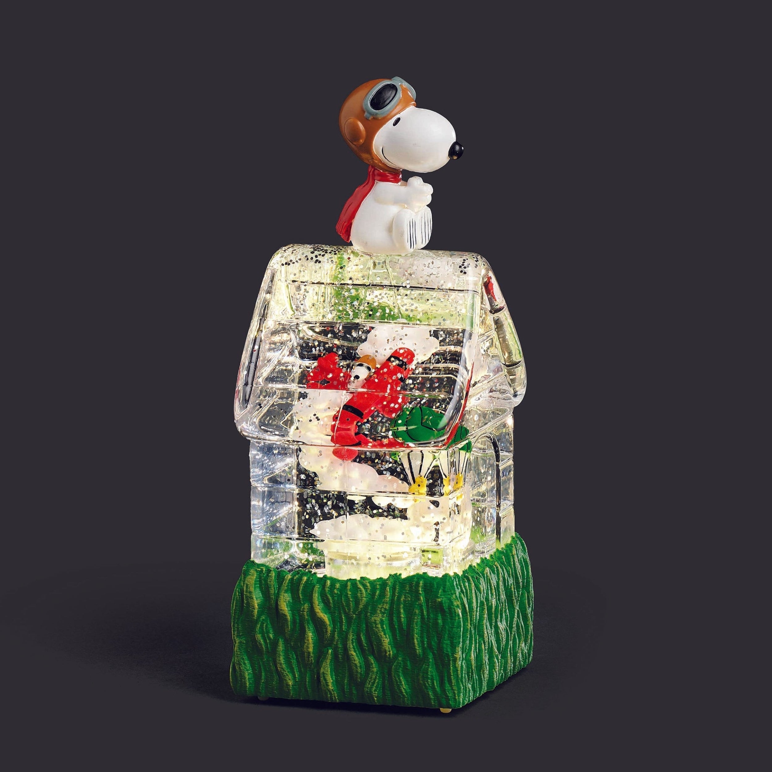 Crystal house with Snoopy and Woodstock on a dark background
