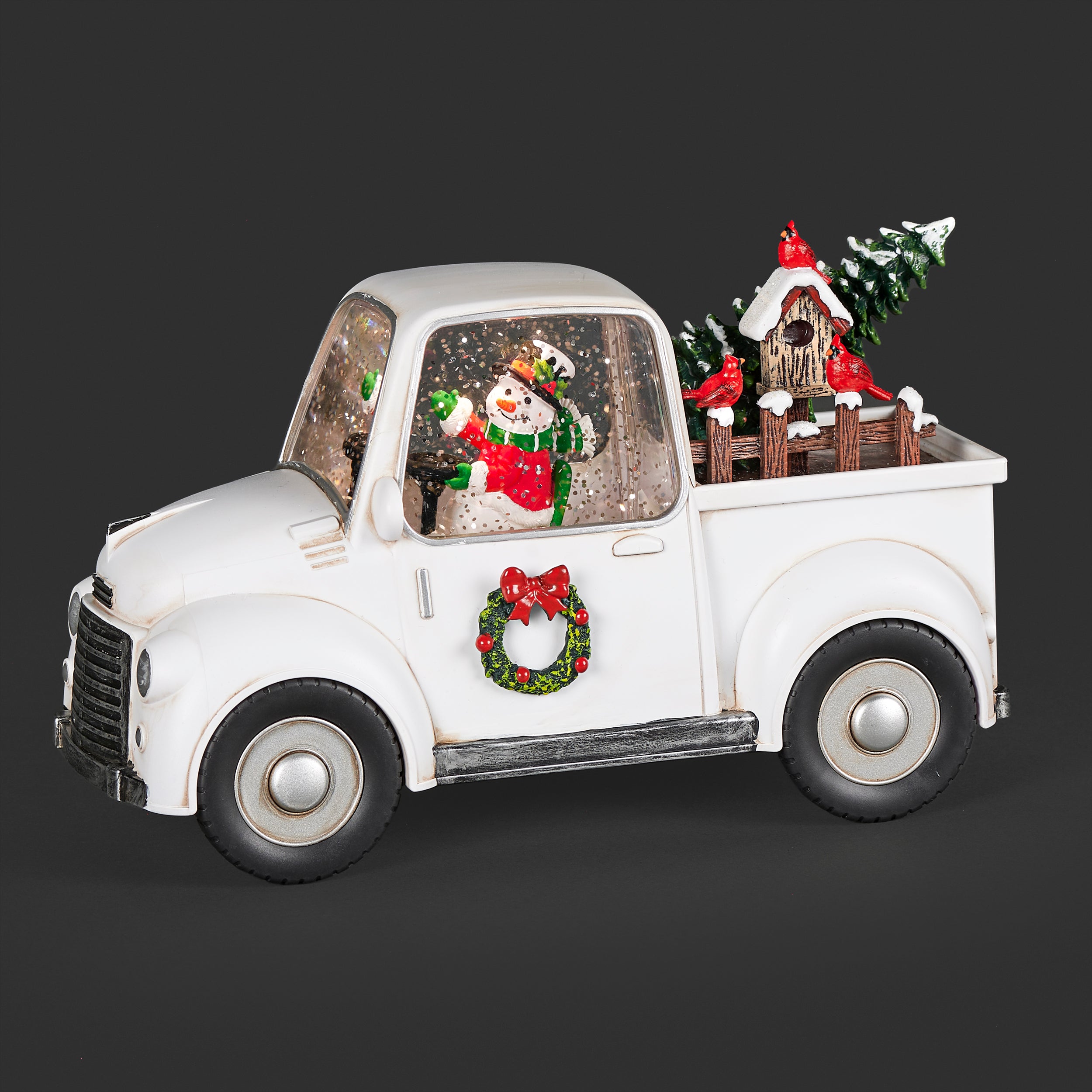 Confetti Lites Lighted Swirl White Truck with Snowman Driving & Cardinals on a Tree
