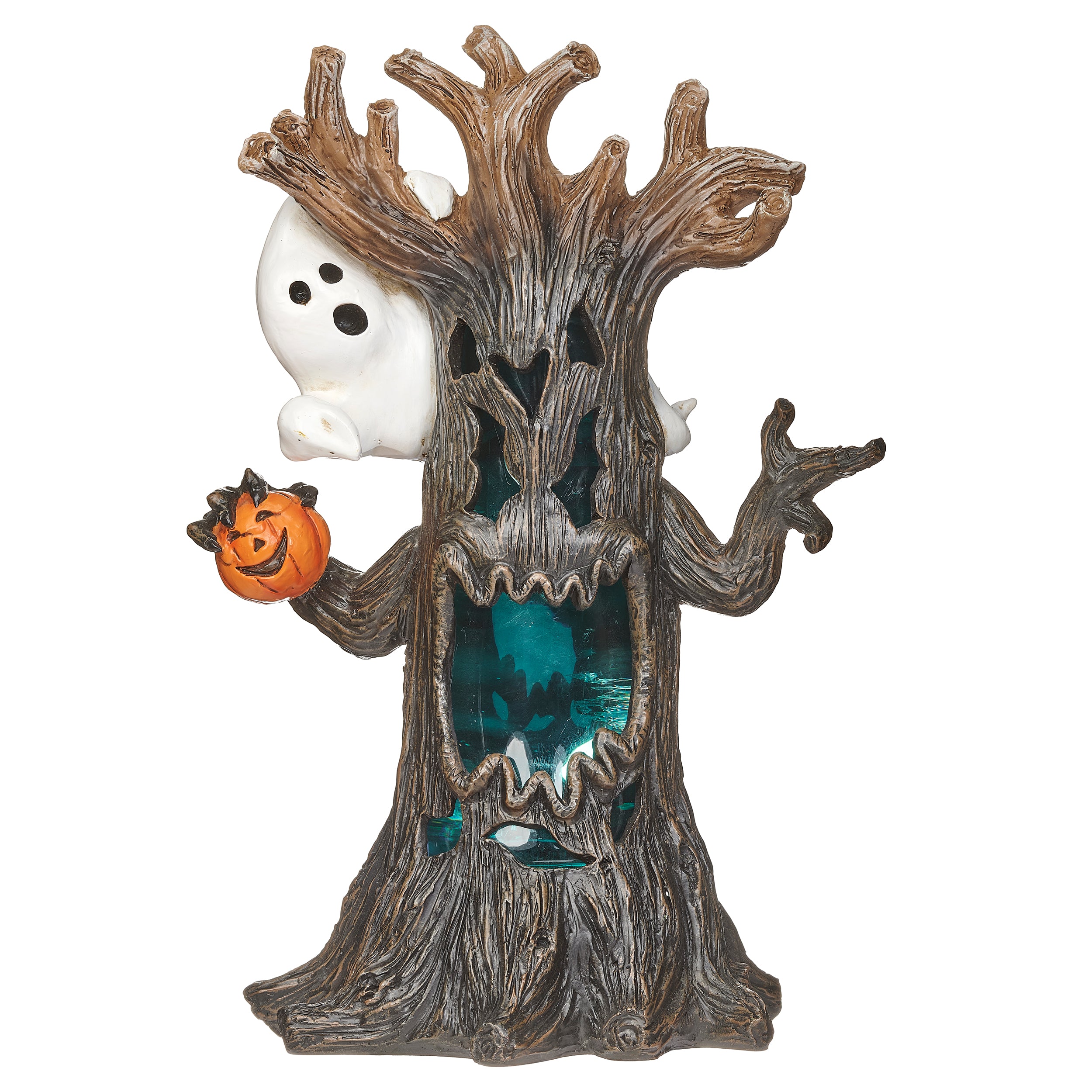 Halloween-themed decorative tree with a ghost and pumpkin