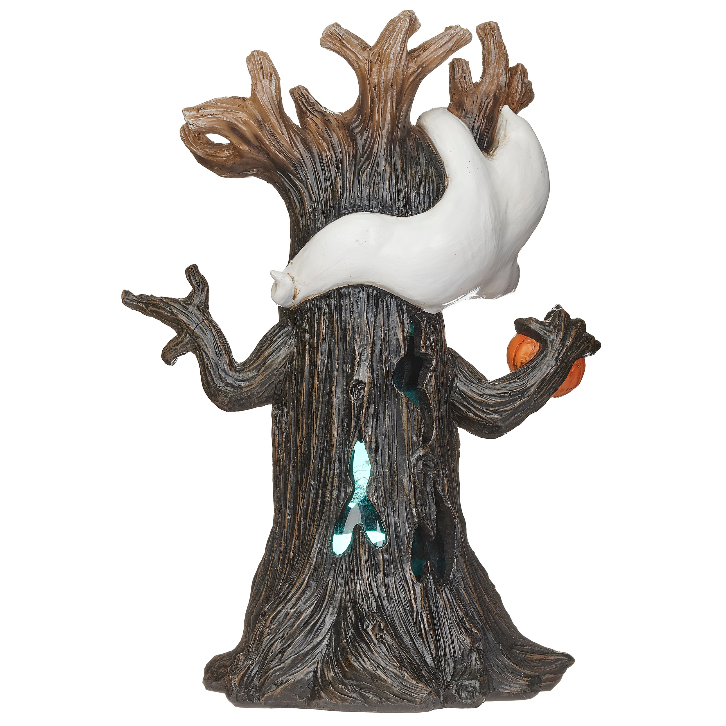Halloween-themed decorative tree with a ghost and pumpkin