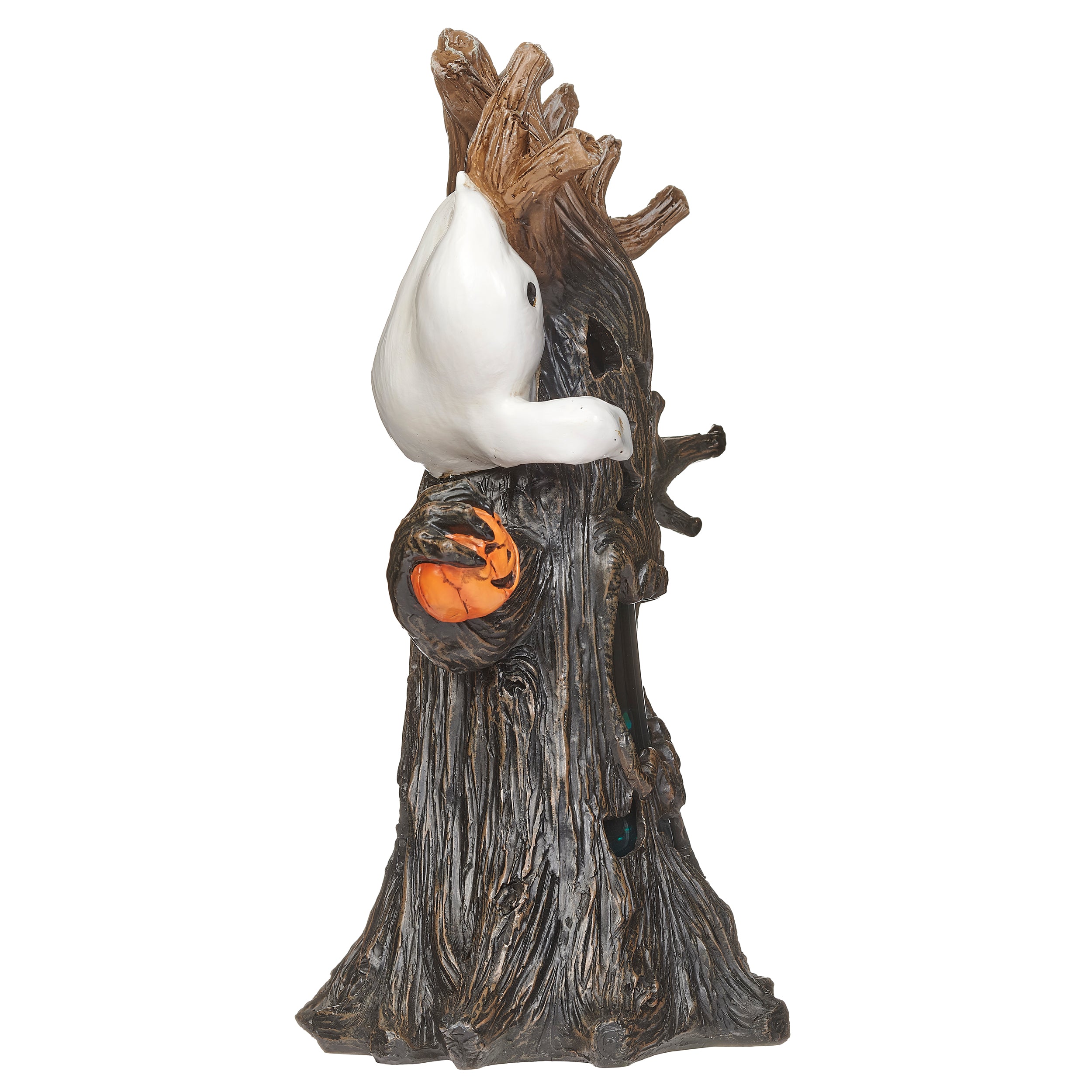 Halloween-themed decorative tree with a ghost and pumpkin