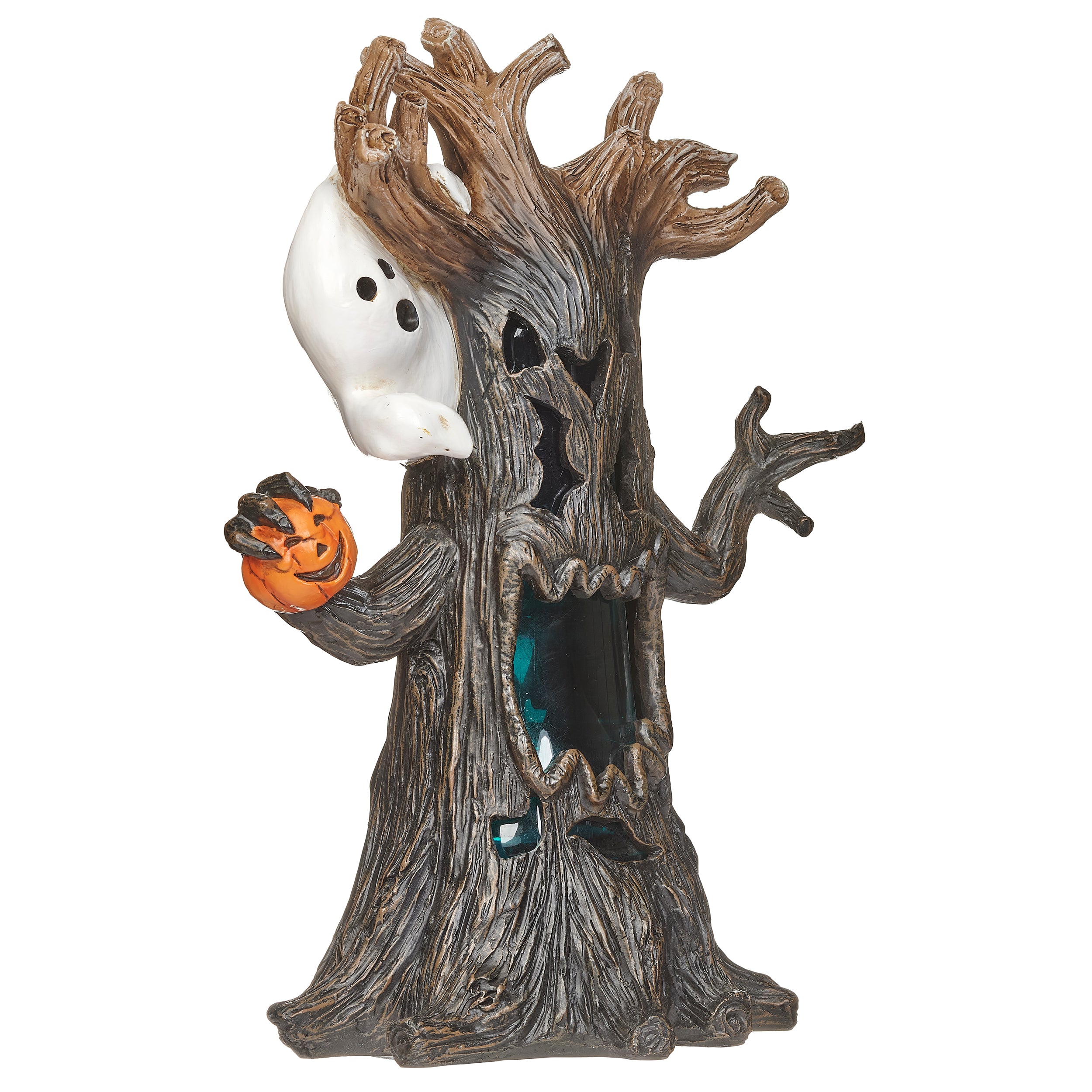 Halloween-themed decorative tree with a ghost and pumpkin