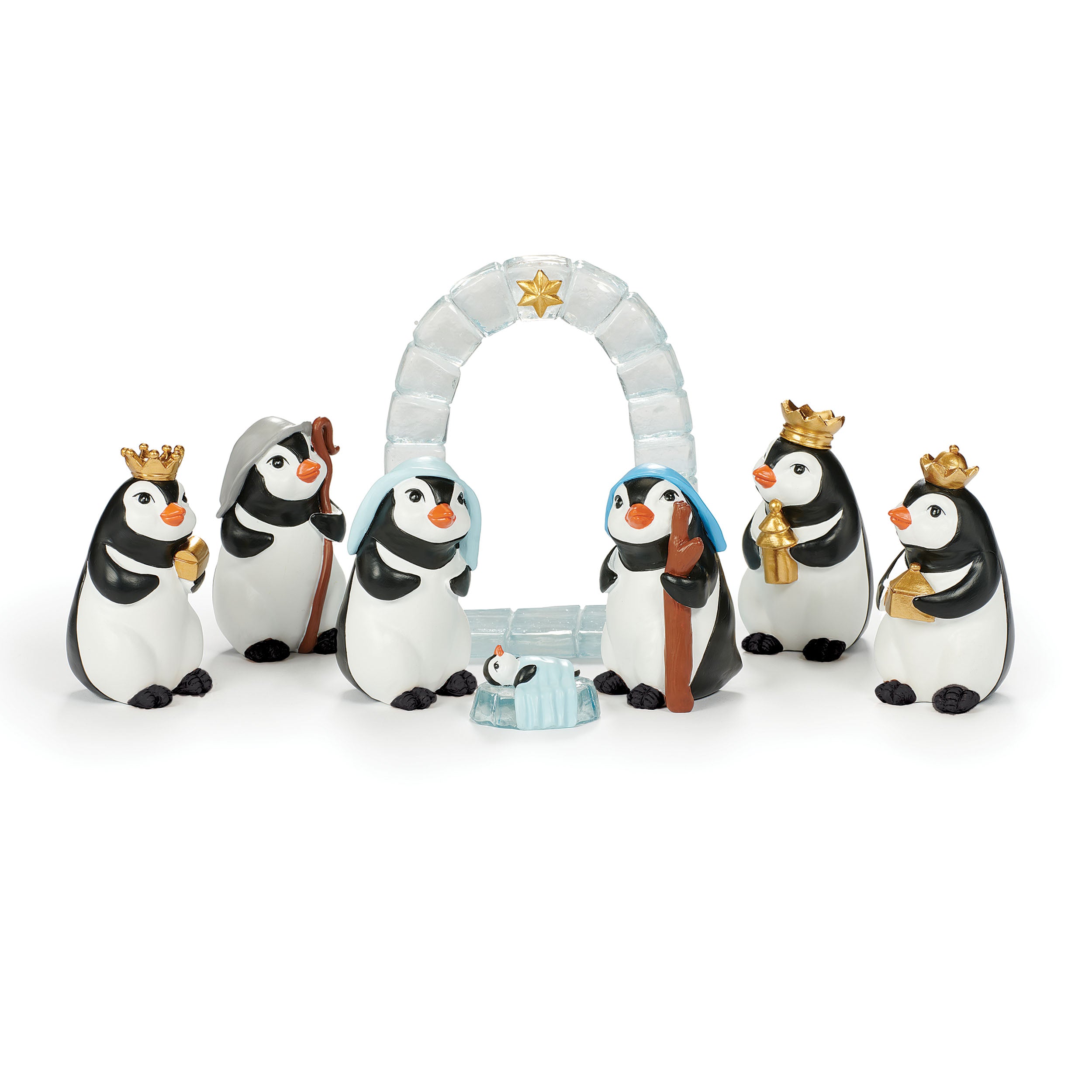 Eight-piece Penguin Nativity Set with icy arch and penguin figures