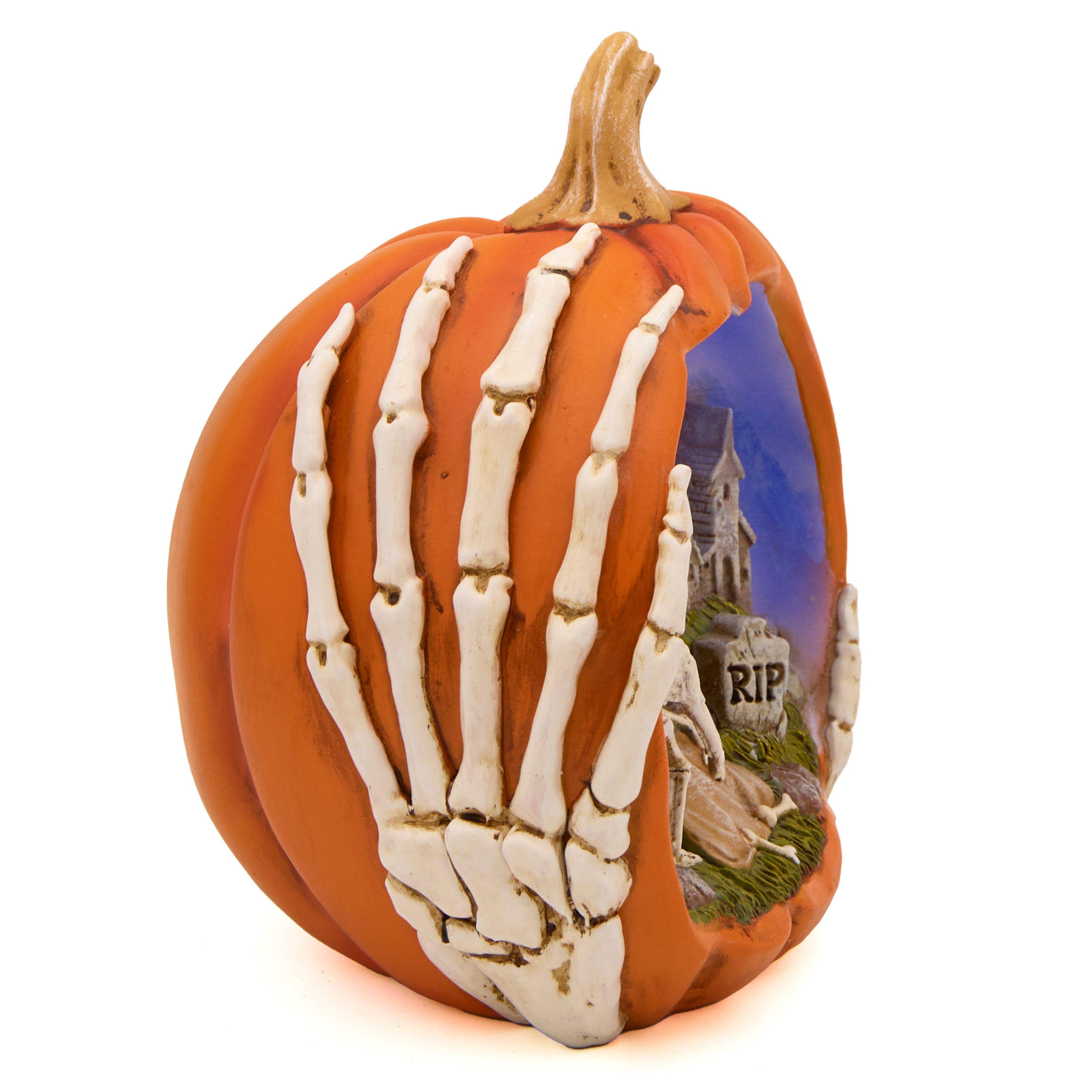Lighted Orange Pumpkin with Graveyard Scene