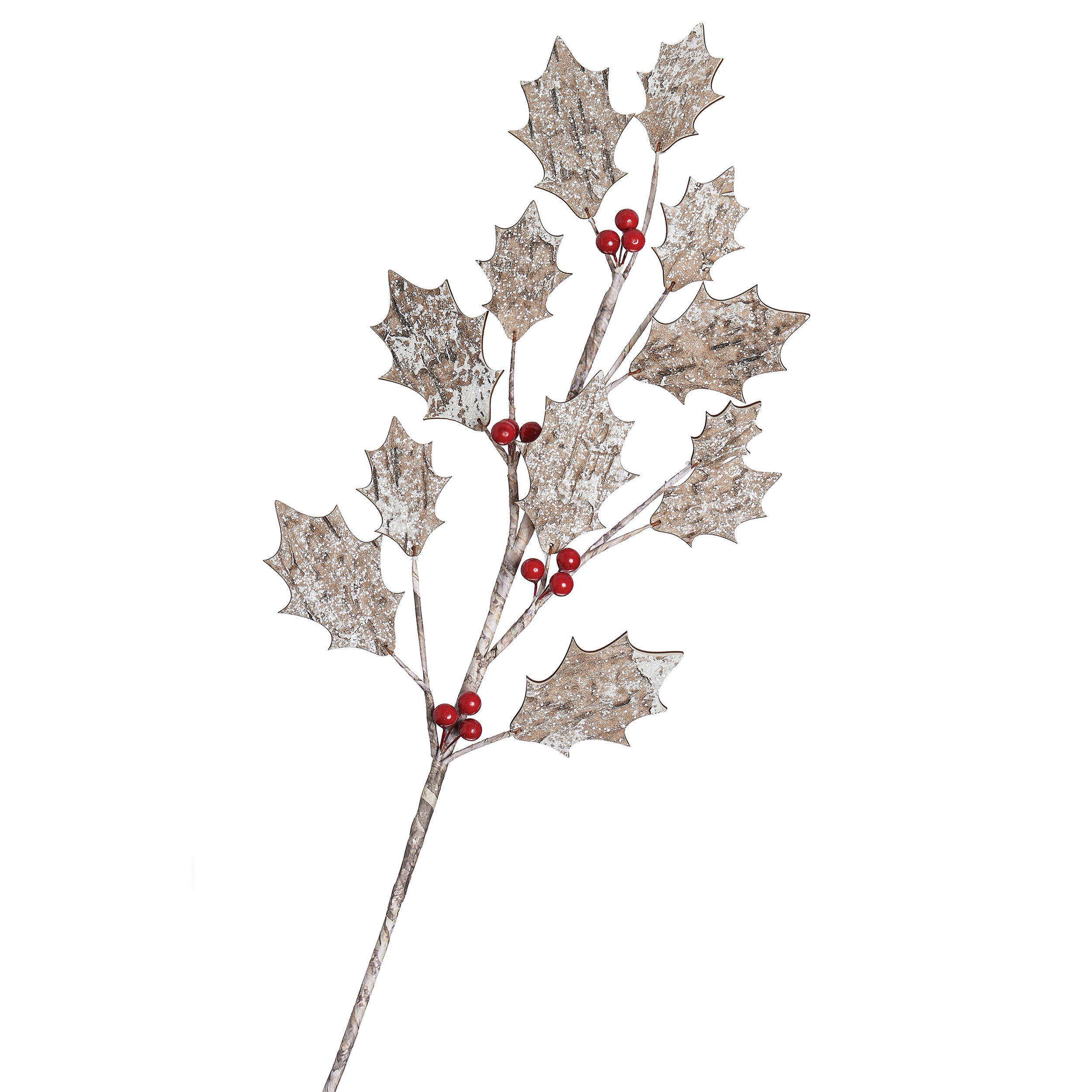 Frosted Silver Leaves Pick with Red Berries