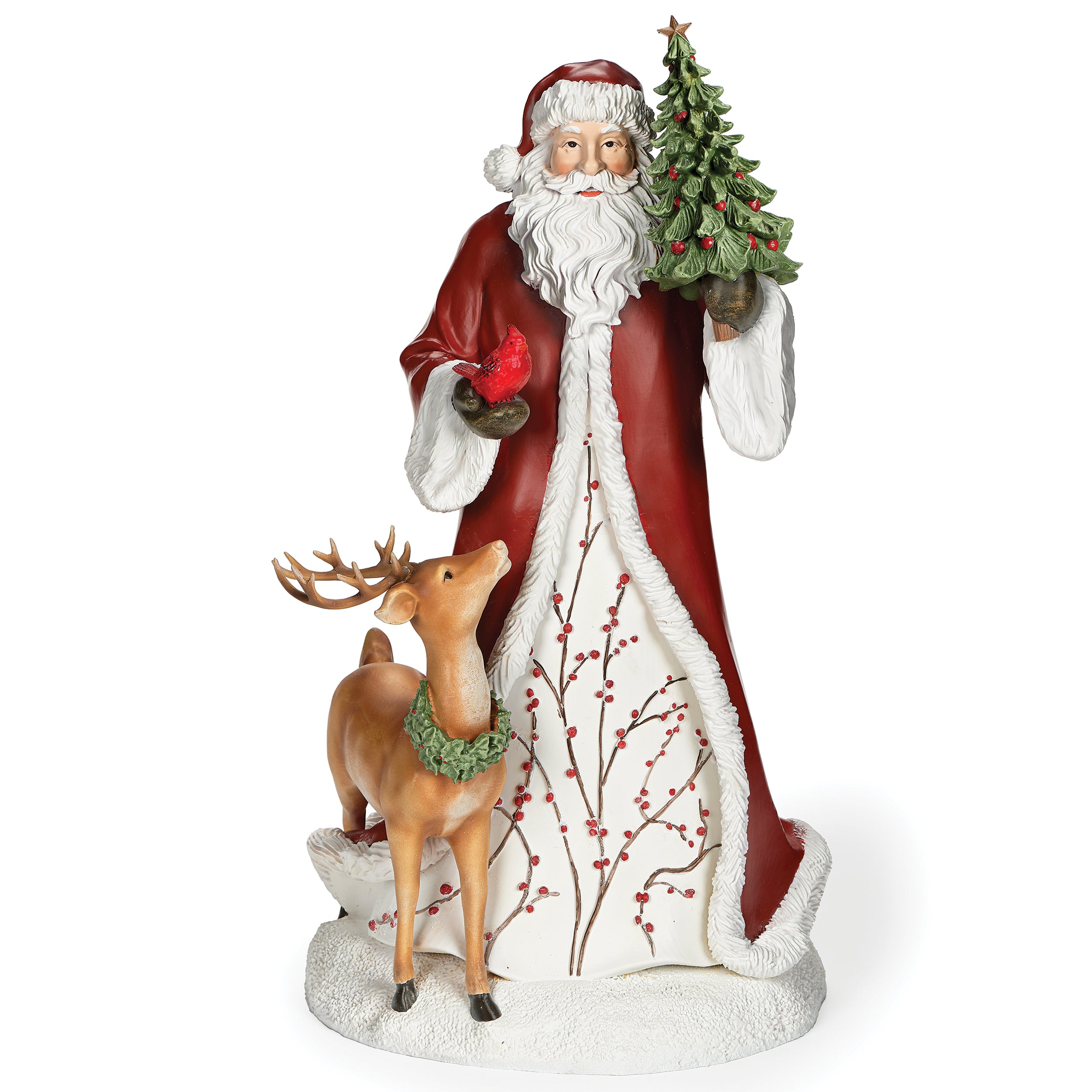 Santa in Red Berry Coat with Woodland Animals Figure