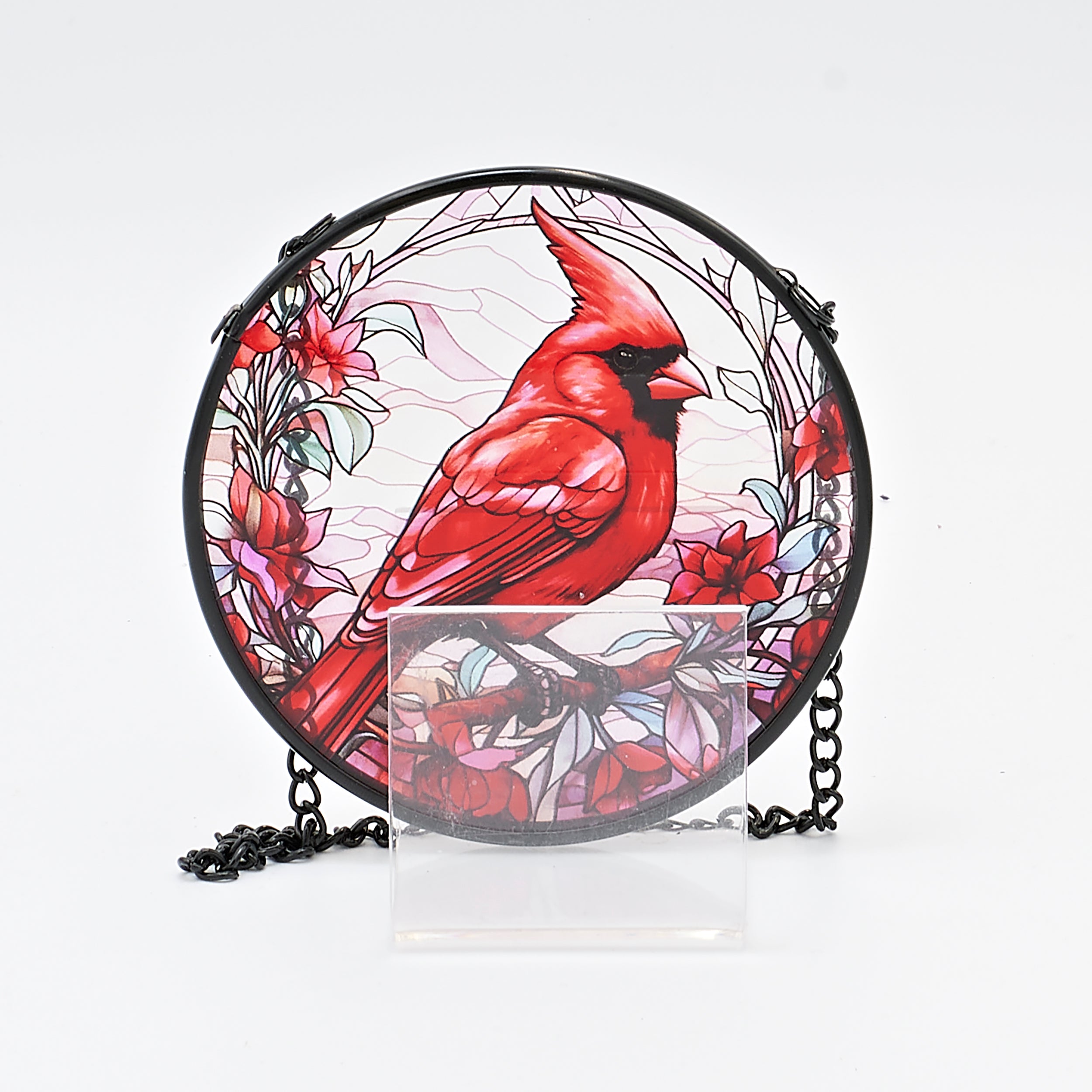 Cardinal & Poinsettias Stained Glass Round Ornament