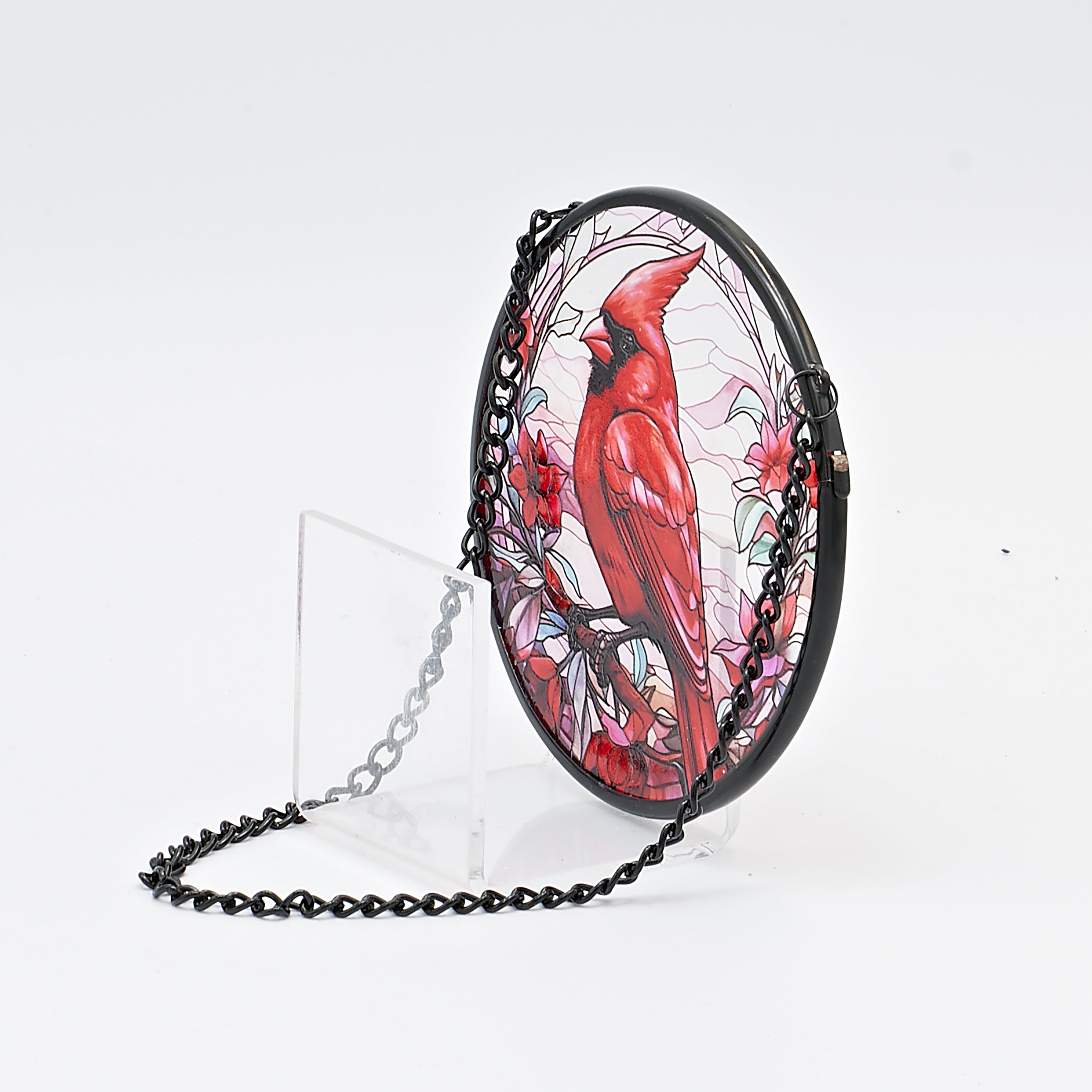 Cardinal & Poinsettias Stained Glass Round Ornament