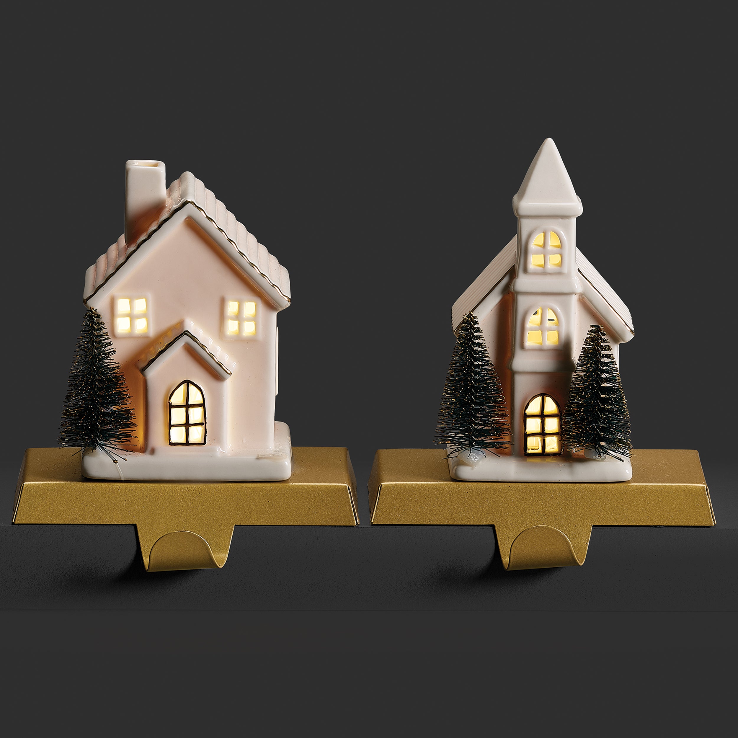 Lighted Church and House Stocking Holders 2-PC Set