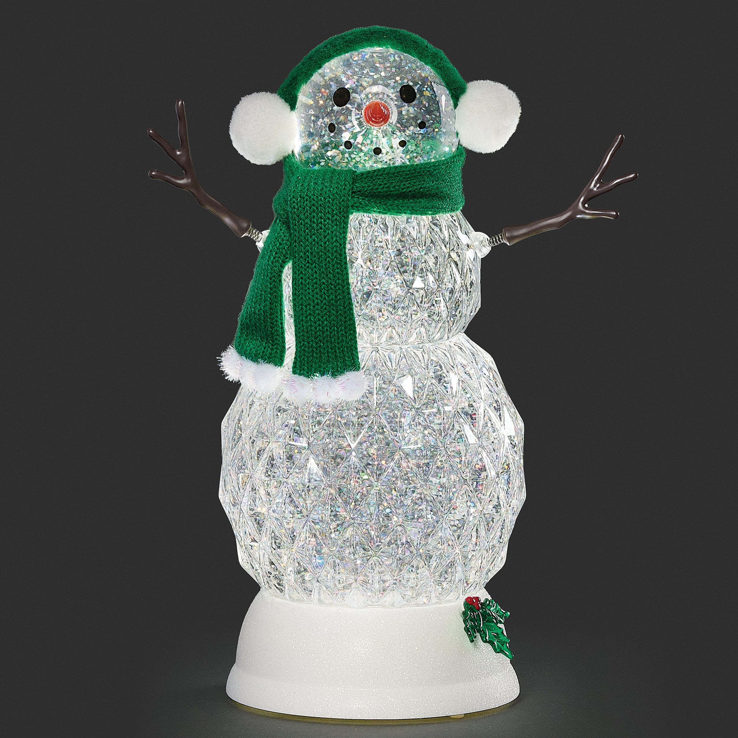Confetti Lites Lighted Swirl Faceted Snowman with Green Scarf & Earmuf