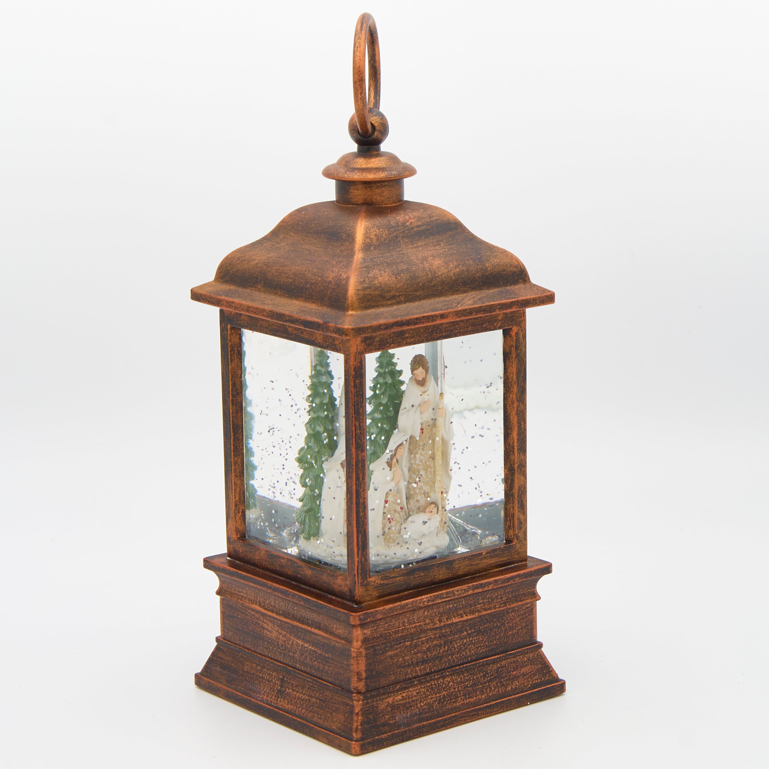 Lighted Swirl Bronze Lantern – Holy Family with Poinsettia Accents