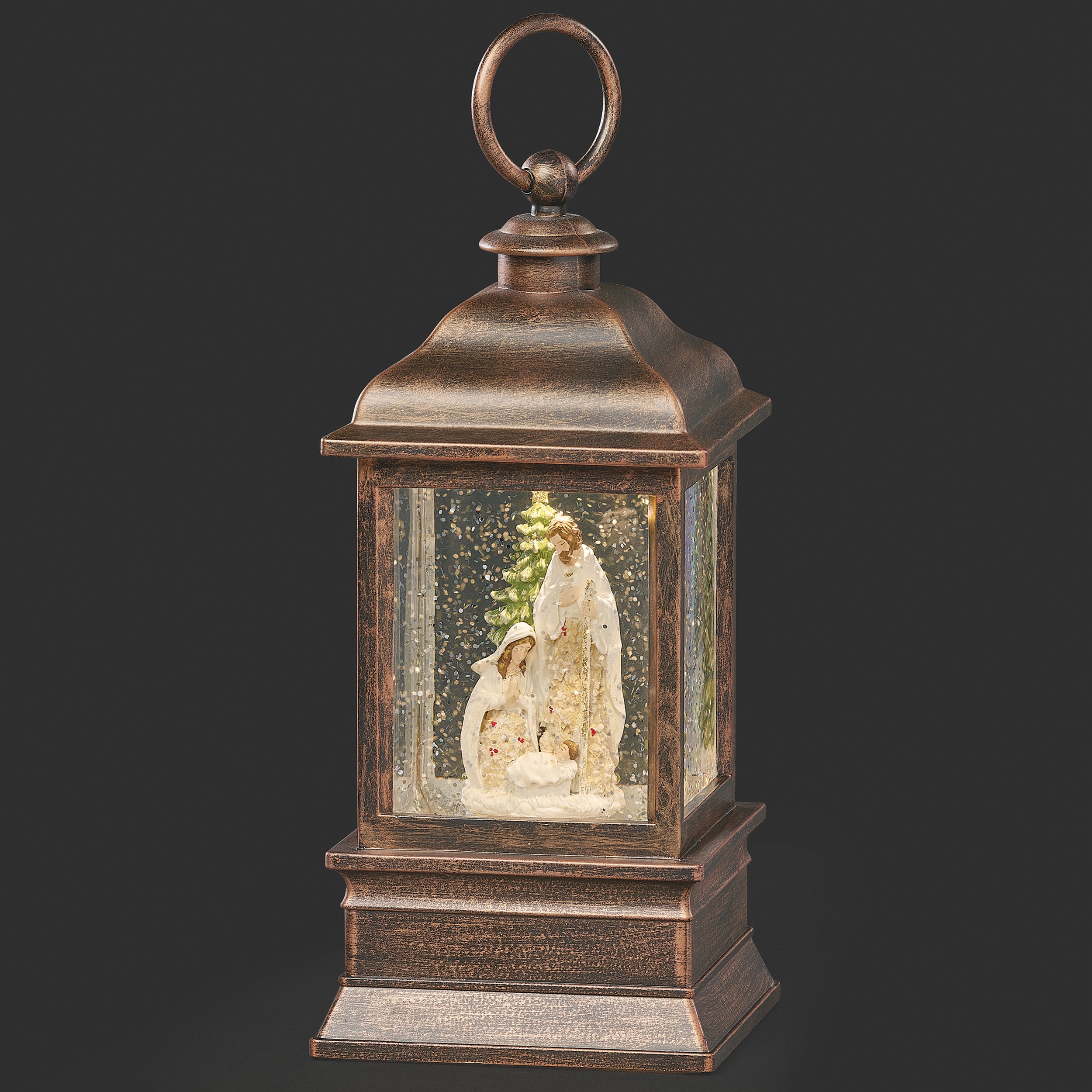 Lighted Swirl Bronze Lantern – Holy Family with Poinsettia Accents