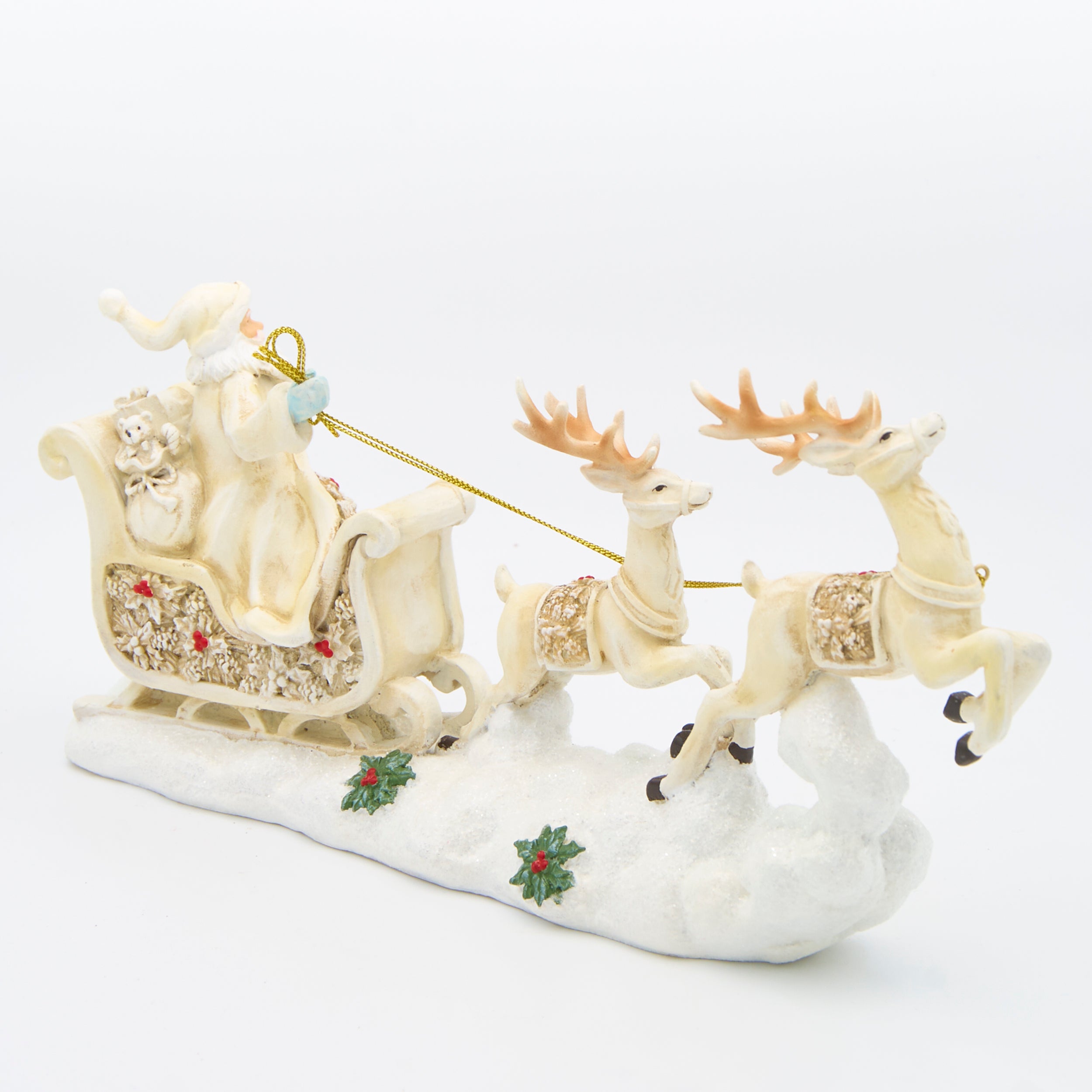 Santa in Poinsettia Sleigh with Two Reindeer