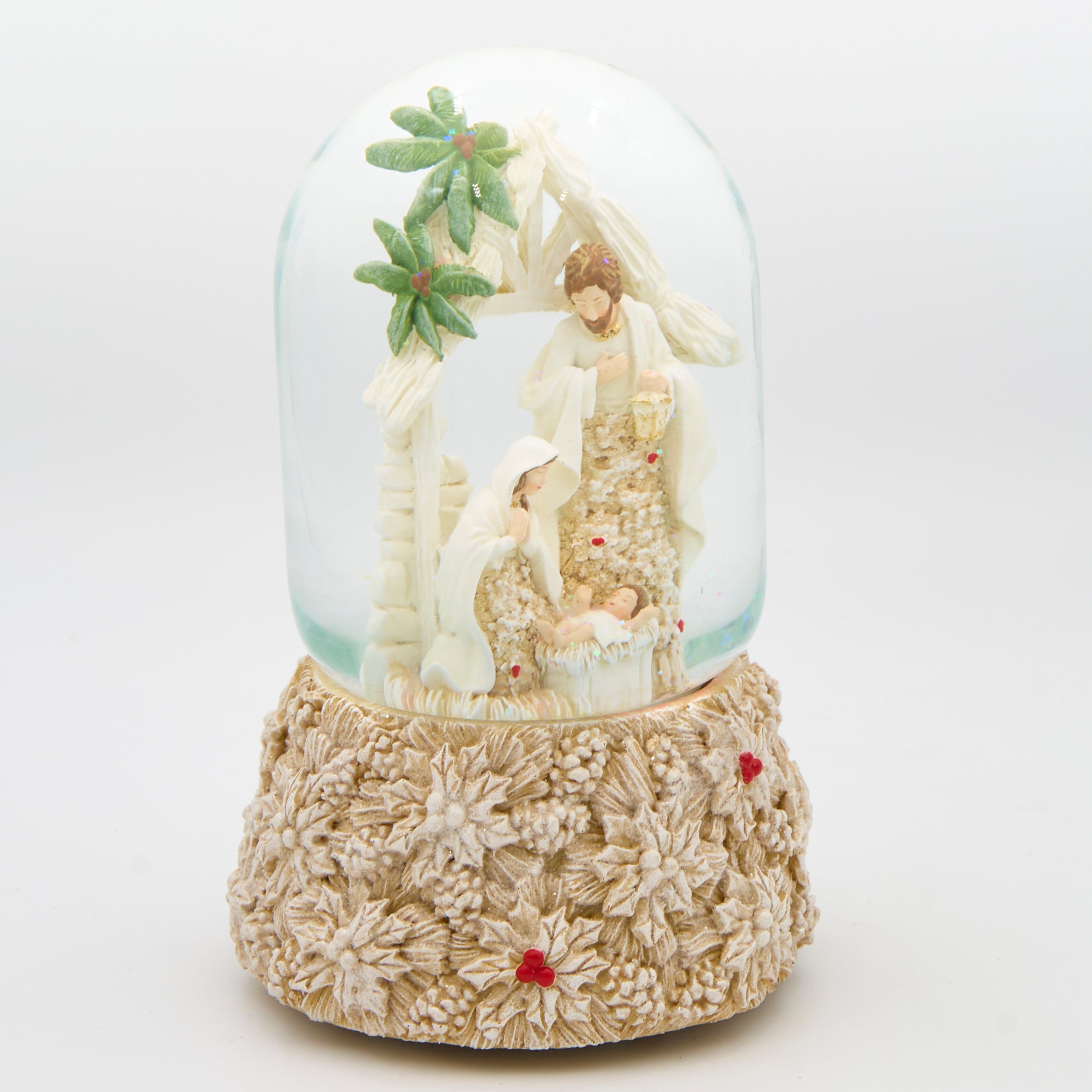 Glitterdome Holy Family with Poinsettia Accents - "Silent Night" Tune