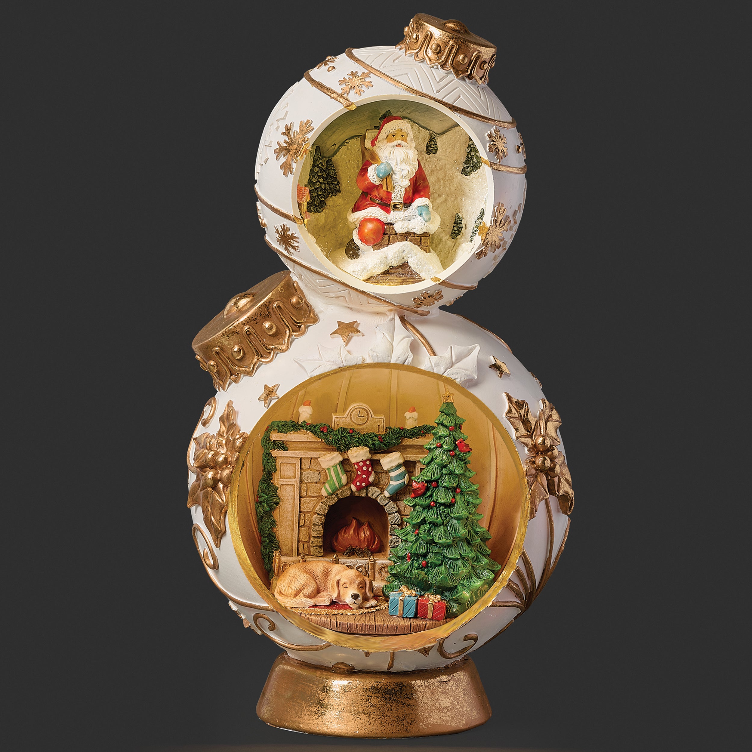 Christmas Ornament Tower with Santa and Cozy Fireplace Scene