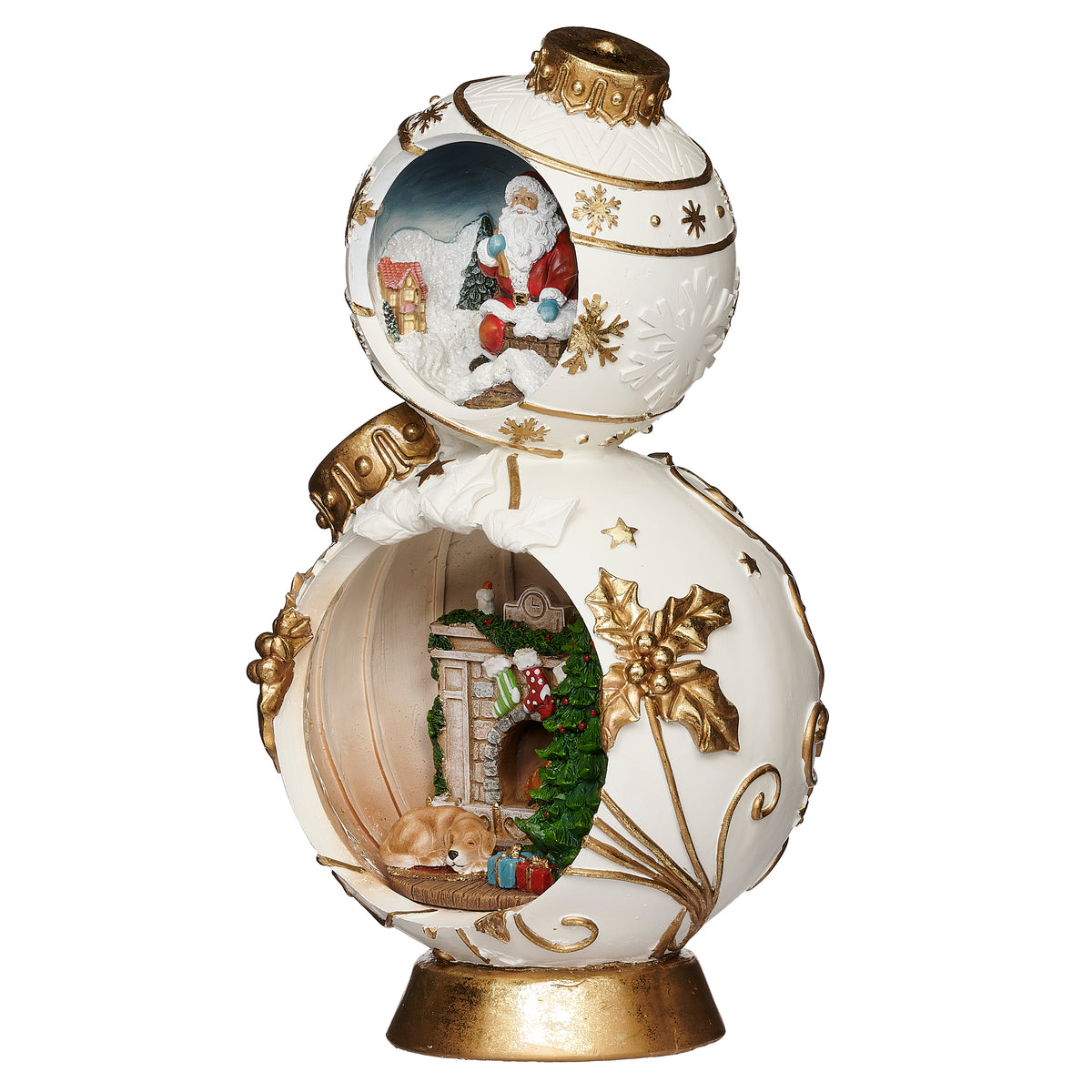 Side view of lighted Christmas ornament tower with Santa and cozy holiday scene