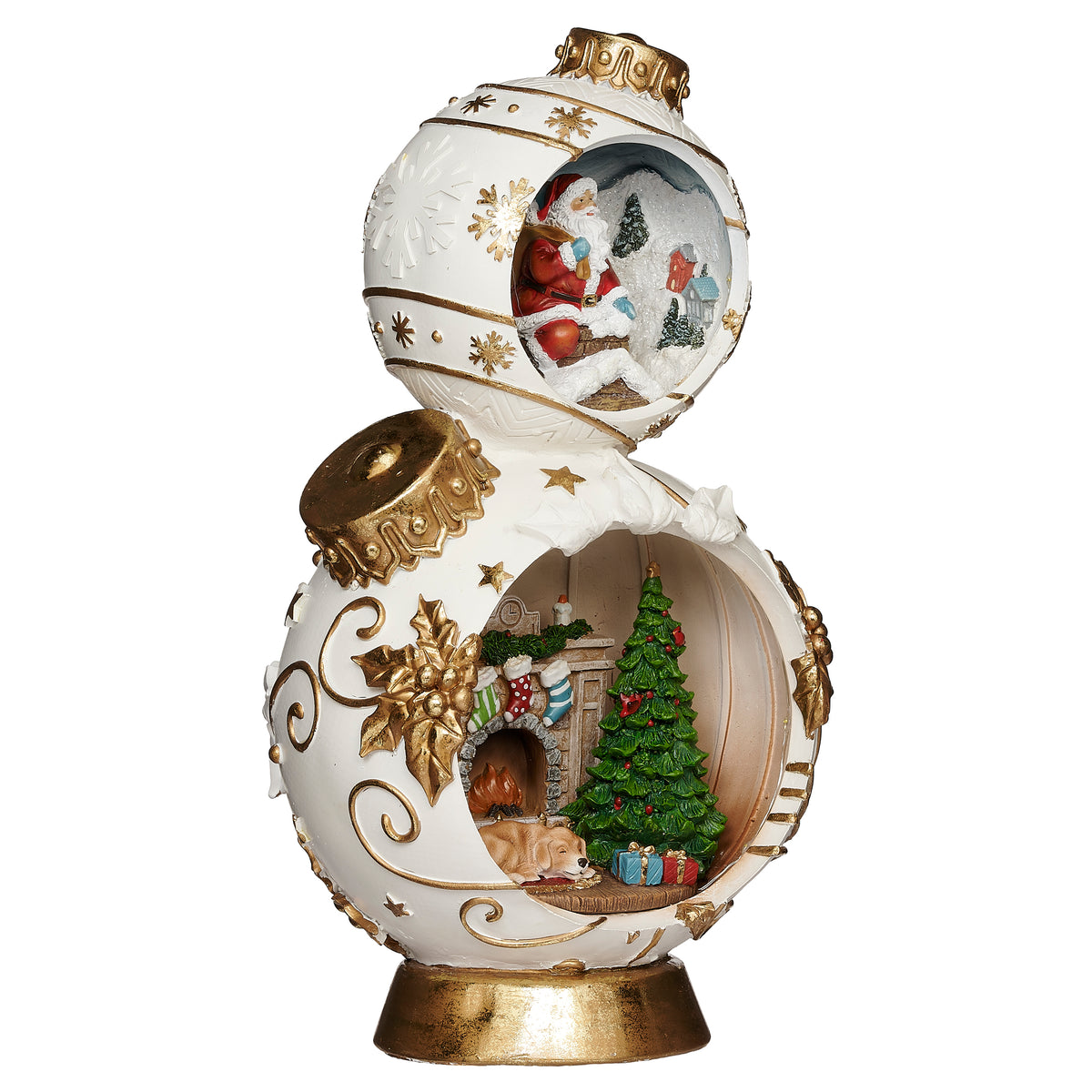 Alternate view of Christmas ornament tower with Santa, fireplace, and Christmas tree details