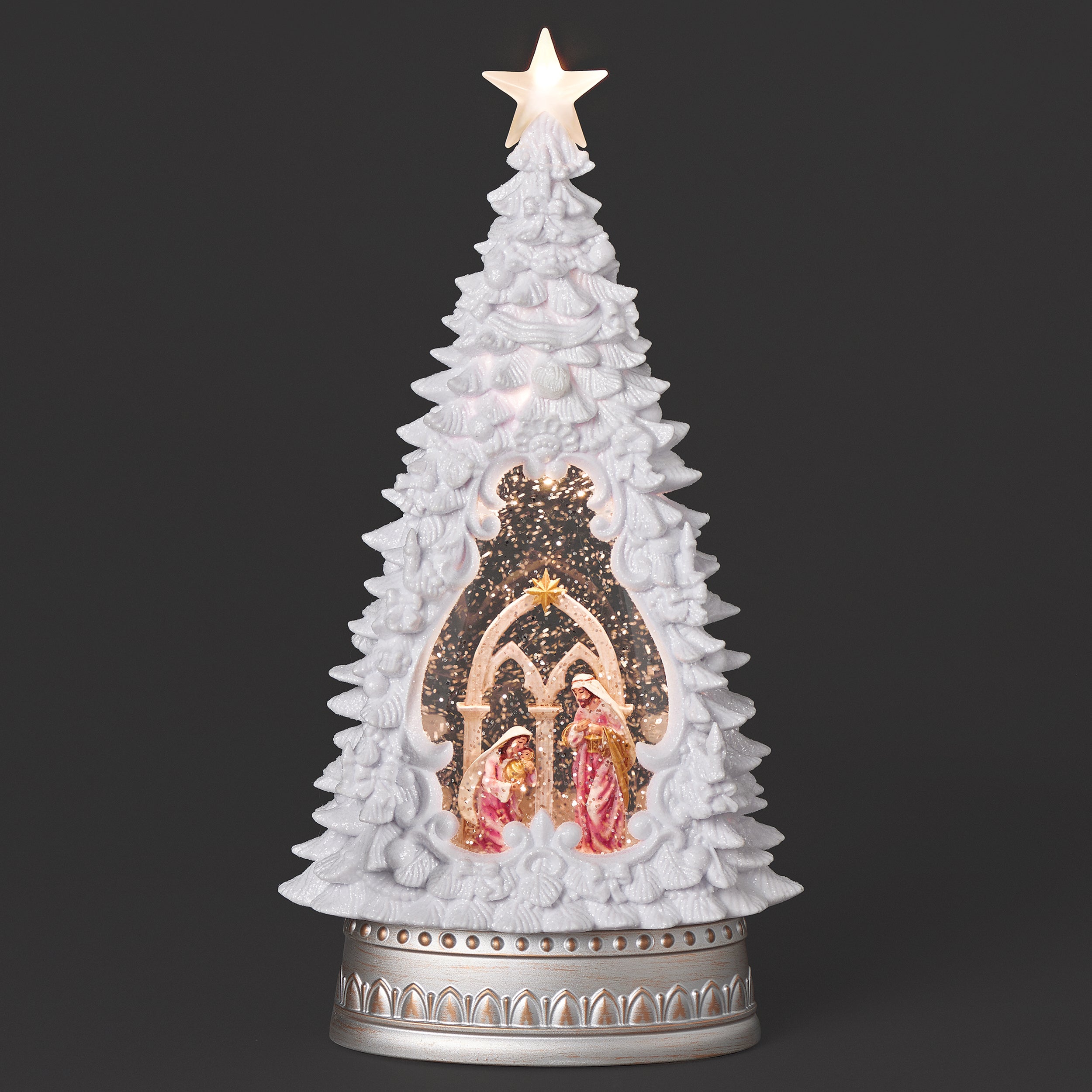 Lighted Swirl Nativity in White Christmas Tree