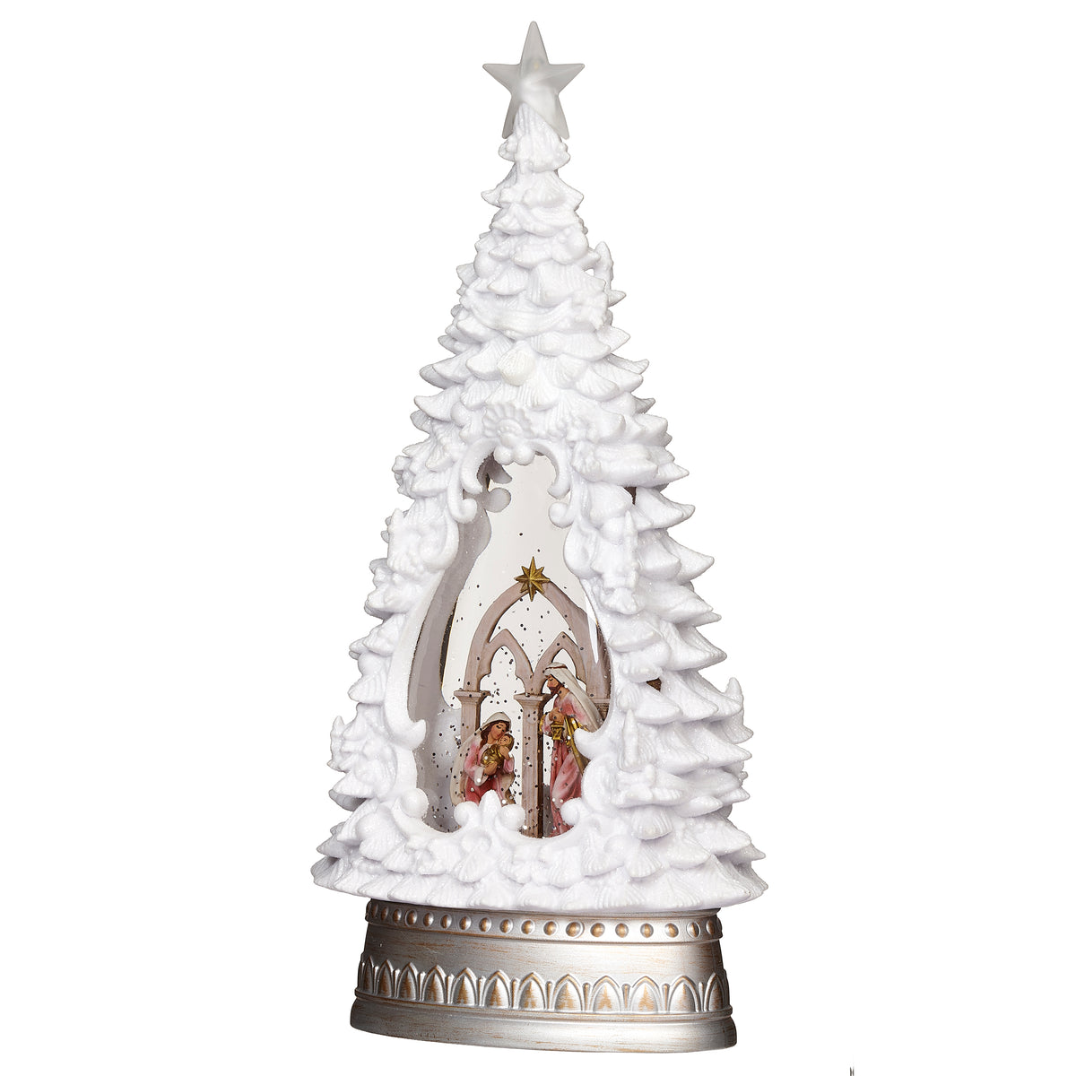 Front view of white Nativity tree with a star topper and gold-toned arch framing the Holy Family.
