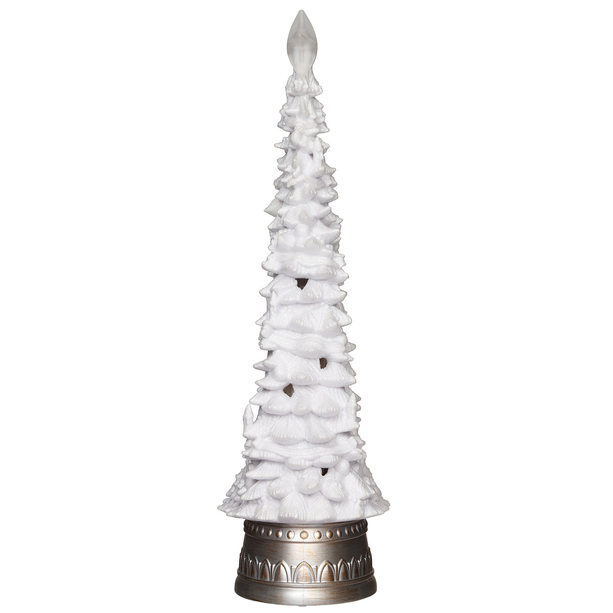 Side view of white Nativity tree showing its narrow profile, textured branches, and metallic base.