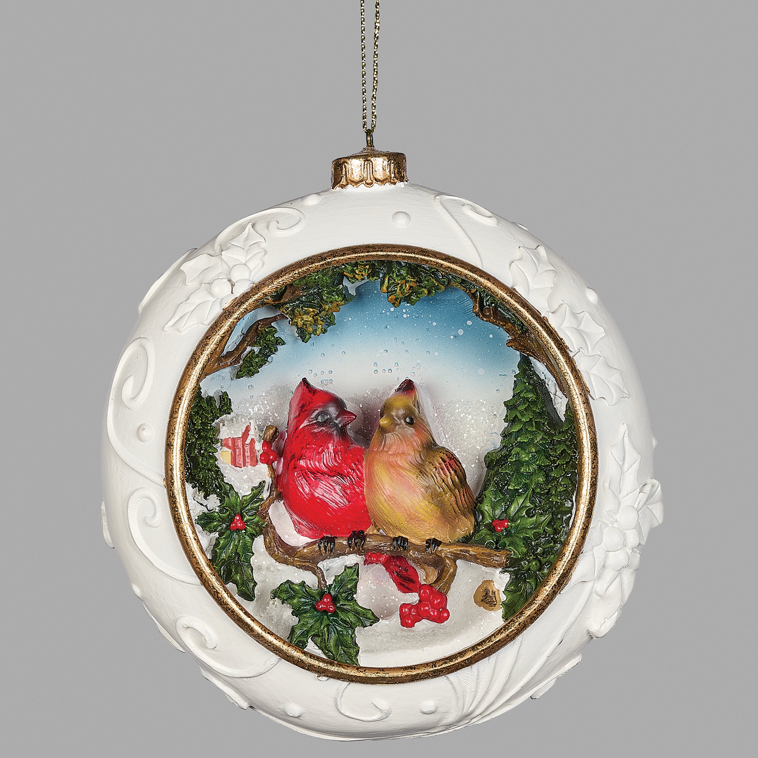 Winter Cardinals Hanging Ornament with Carved Details