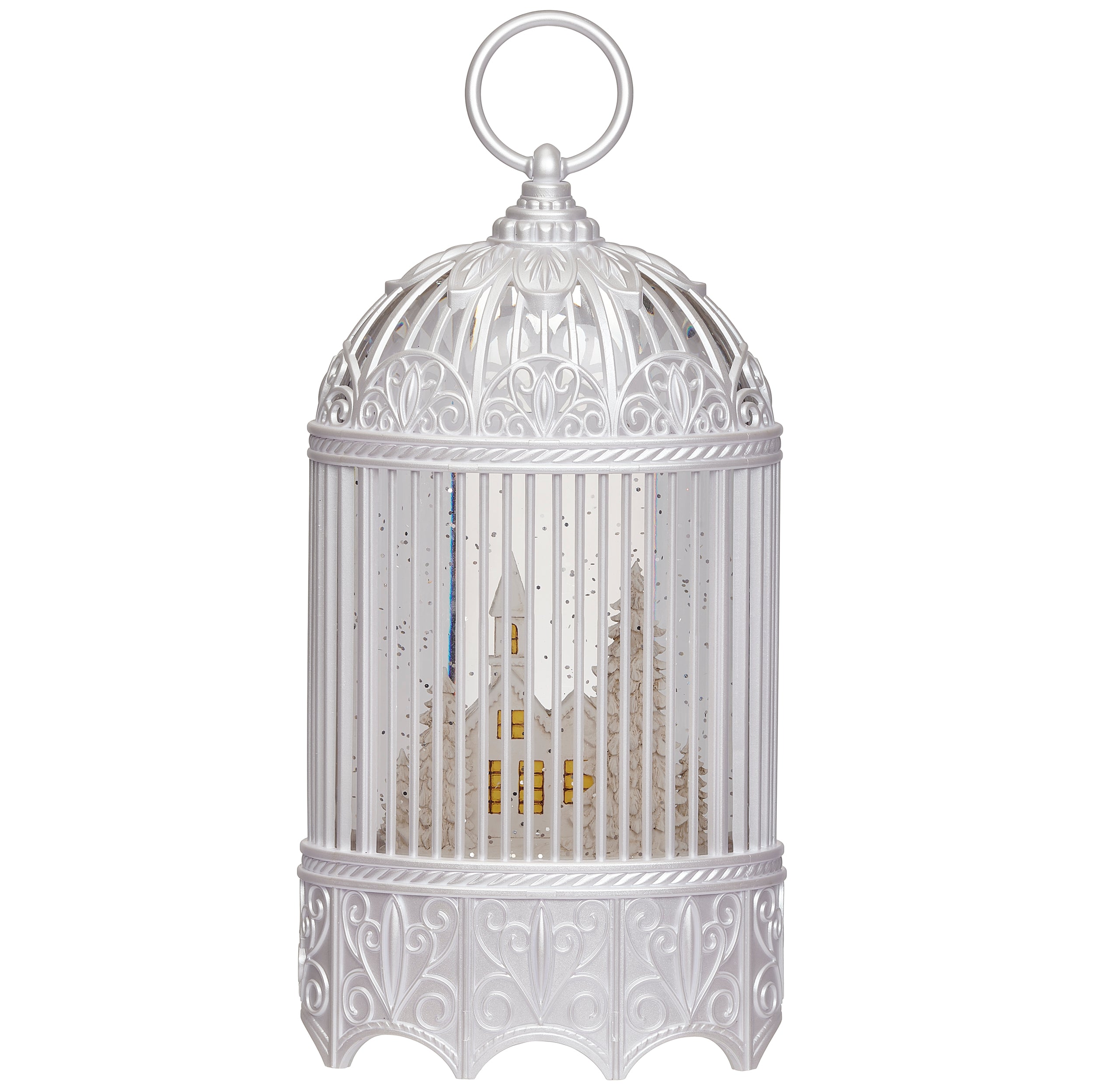 Lighted Swirl White Bird Cage With Church