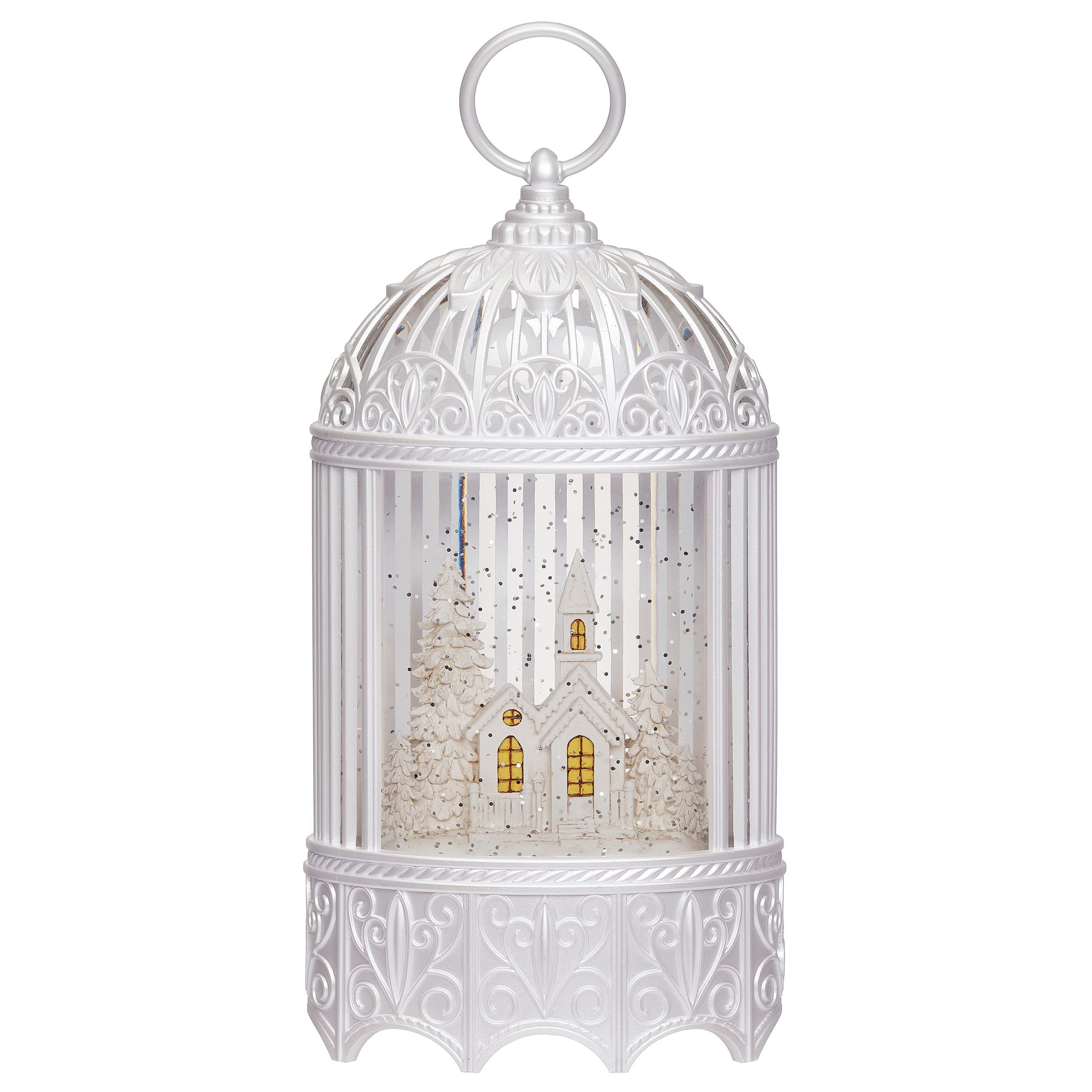 Lighted Swirl White Bird Cage With Church