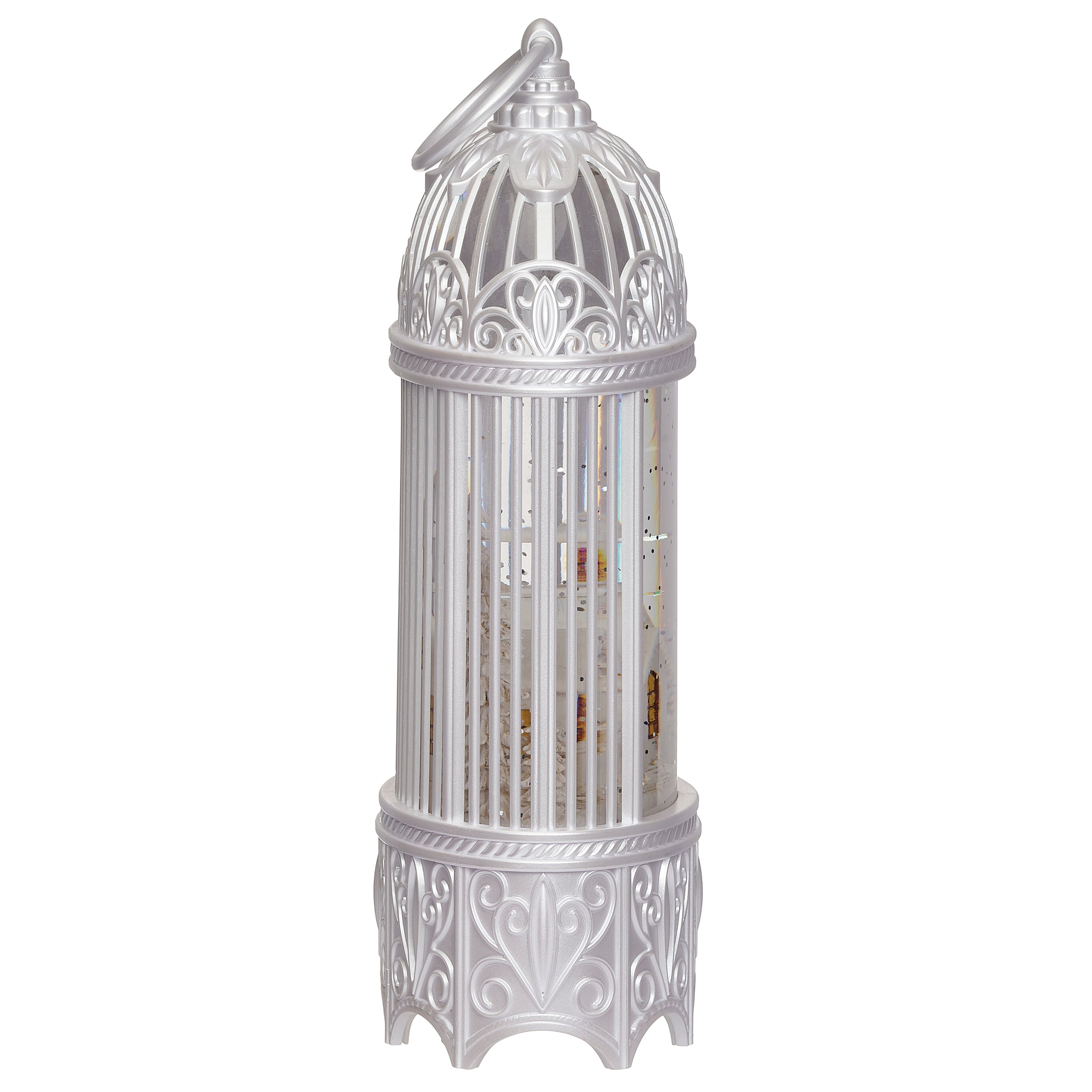 Lighted Swirl White Bird Cage With Church