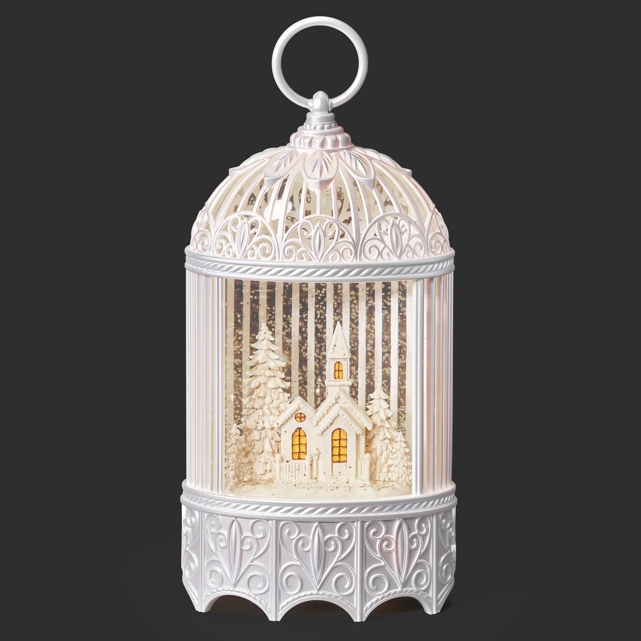 Lighted Swirl White Bird Cage With Church