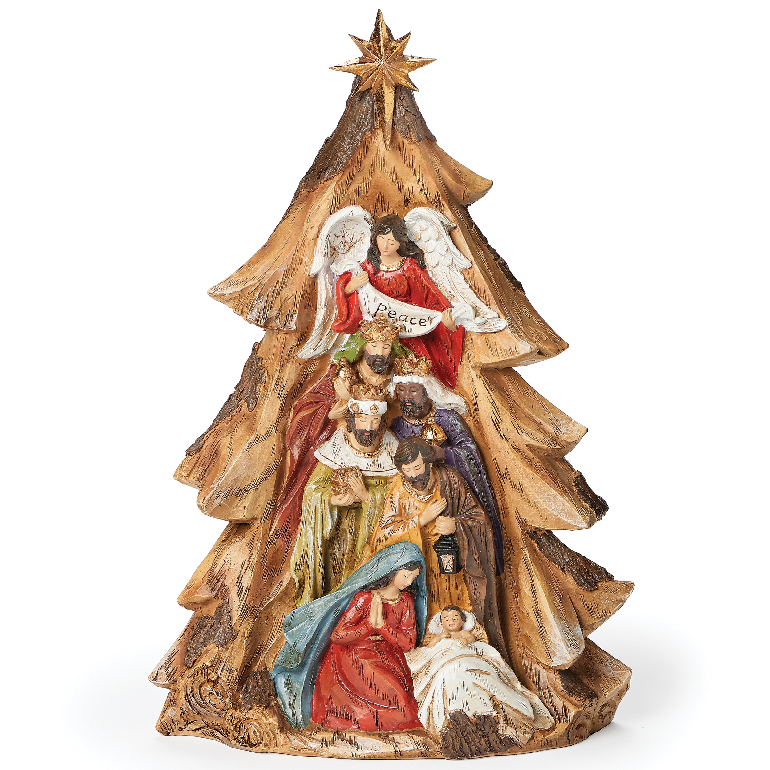 Nativity Scene in Carved Tree with Star Topper