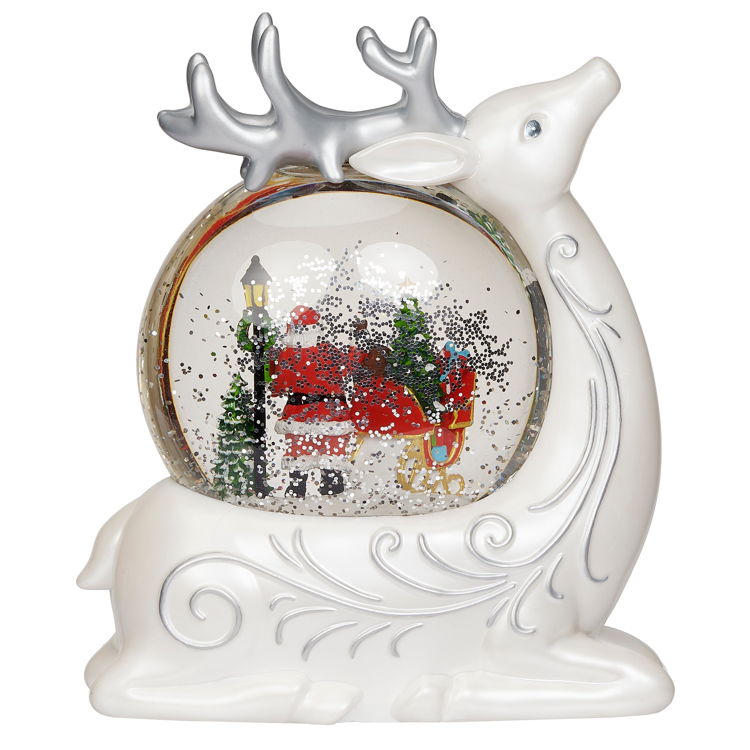 Glitterdome Lighted Swirl Reindeer with Santa & Sleigh Inside